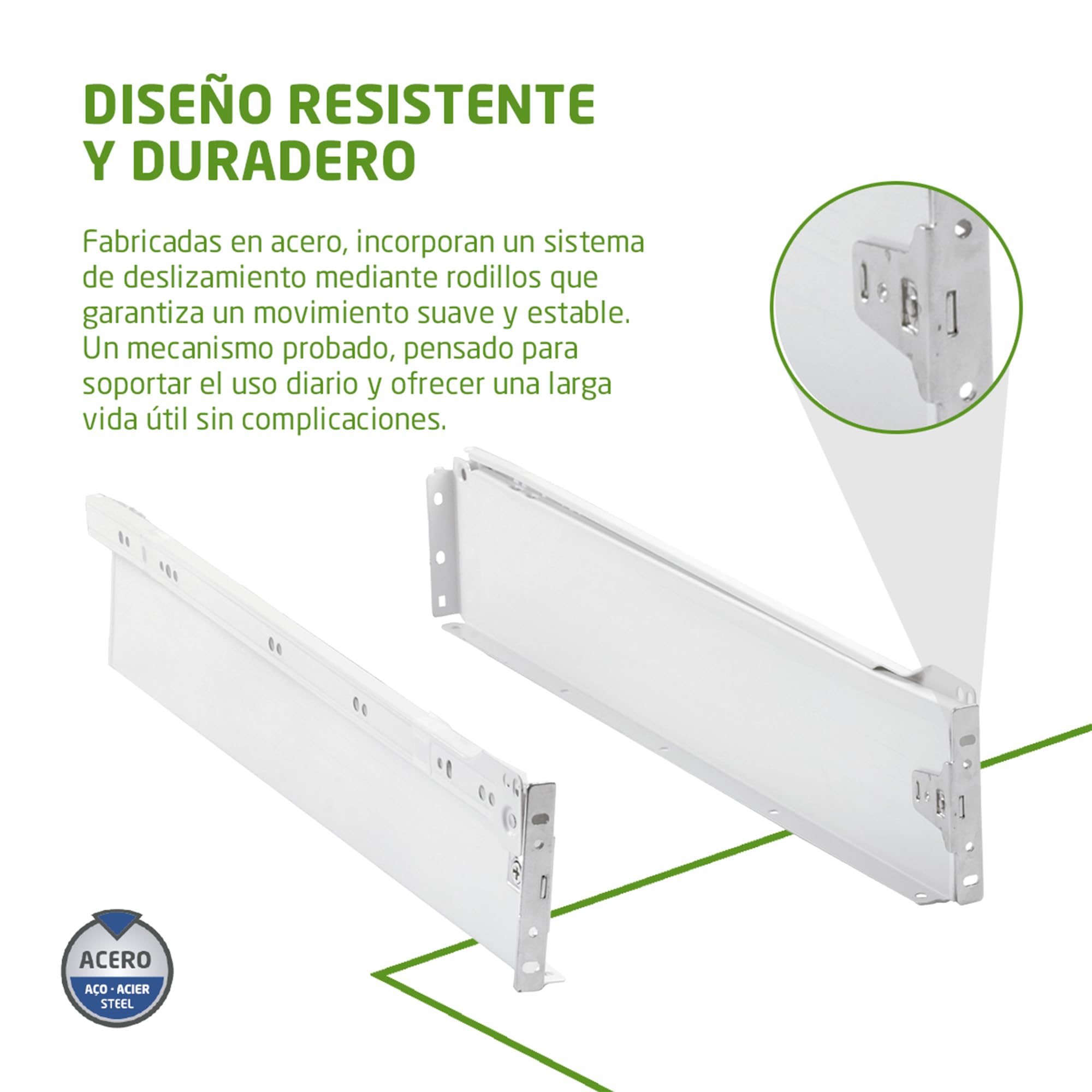 Amig - Juego de 2 Guías Correderas Metálicas Mod.30 con Ruedas y Lateral de Cajón Incluido para Cajones de Muebles, Cajoneras o Armarios - De Acero Acabado en Blanco - Medidas: 86 x 500 mm