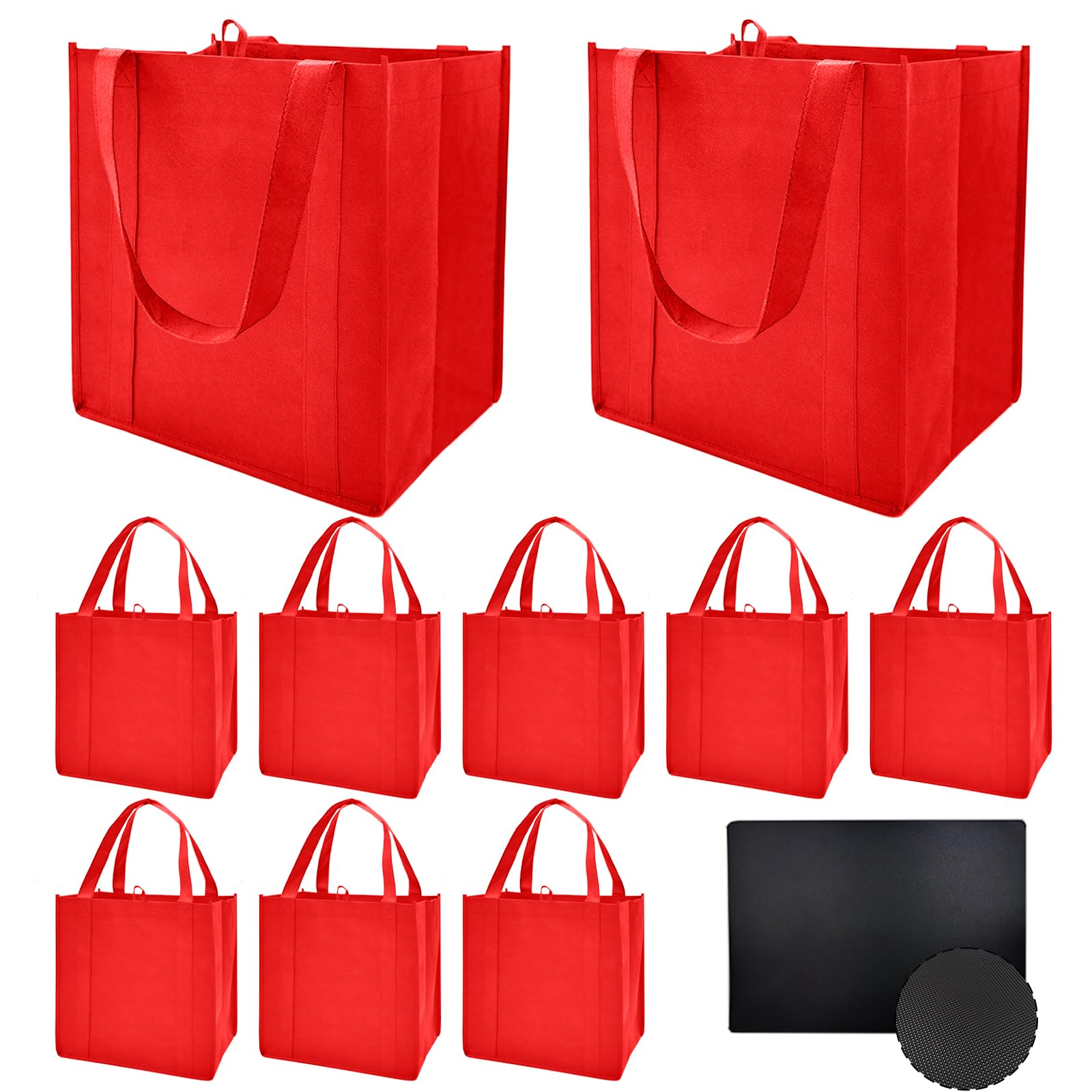 HorYg 10 Pack Reusable Reinforced Handle Grocery Bags - Heavy Duty Large Shopping Totes with Thick Plastic Bottom can hold 45+ lbs (10, Red)