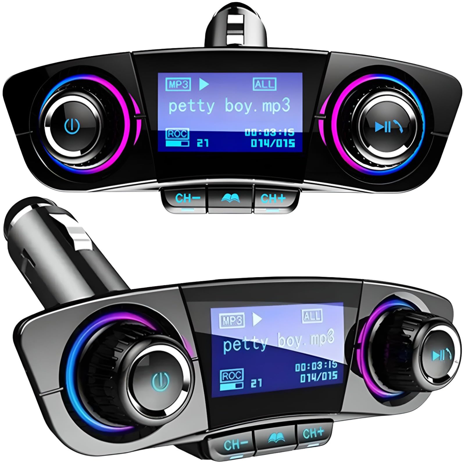 Retoo Transmisor FM Bluetooth 5.0 Coche, Dual USB, MicroSD | Manos libres, LCD 1,3 pulg., 5V/3,4A, VHF 87,5-108 MHz, MP3 WMA WAV, AUX, CVC, 12-24 V, negro