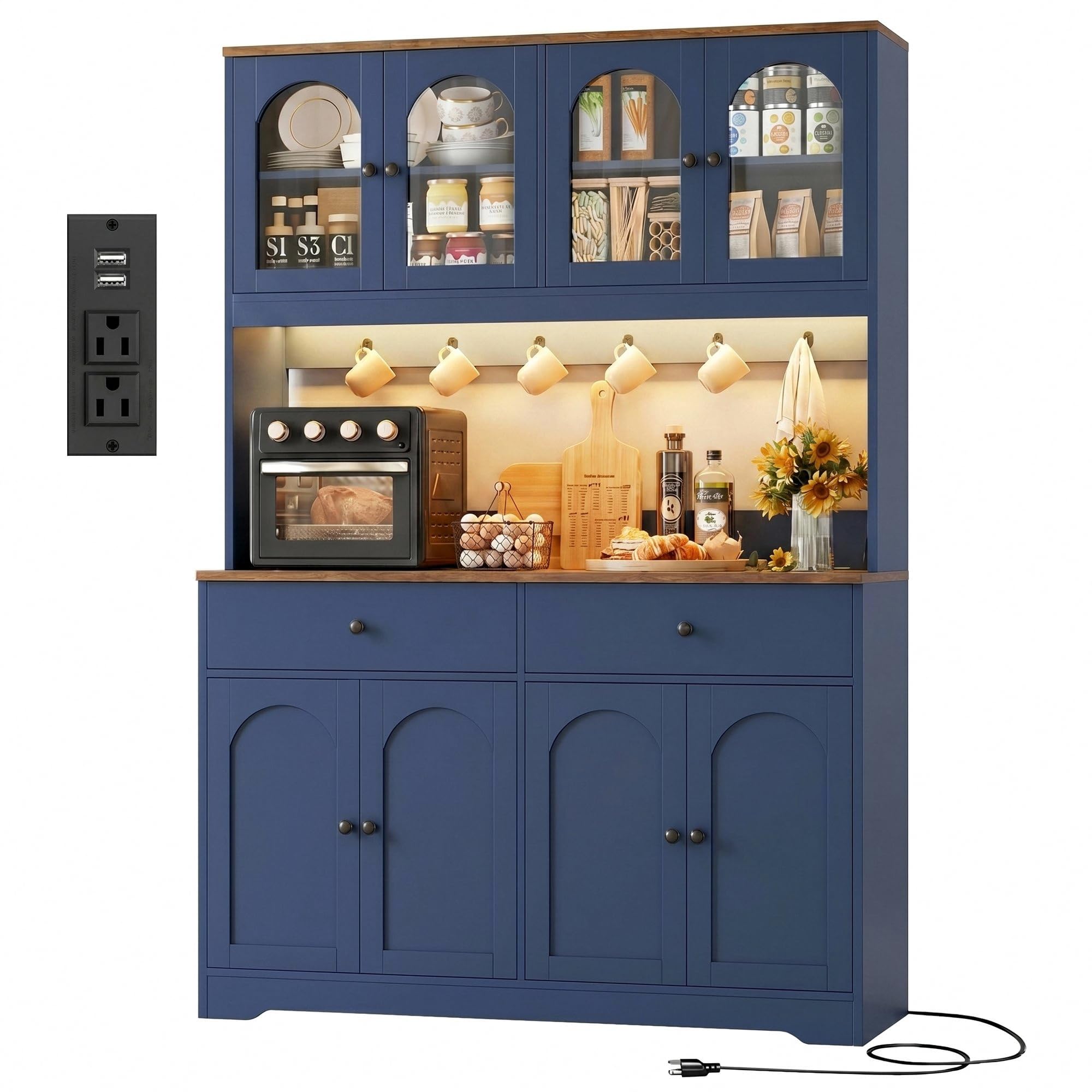 HIFIT 71" LED Kitchen Pantry Cabinet with Power Outlet, Tall Hutch, Blue