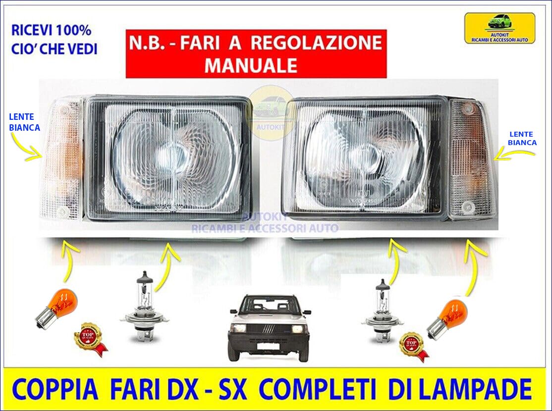 Generico Fari Anteriori 2 Fanali Faro Completi di Lampade COMPATIBILI con Panda modello 141 tutti i modelli a REGOLAZIONE MANUALE prodotte dal 1986 al 2003-31710/1-31720/1 - OM-005 - OM-032