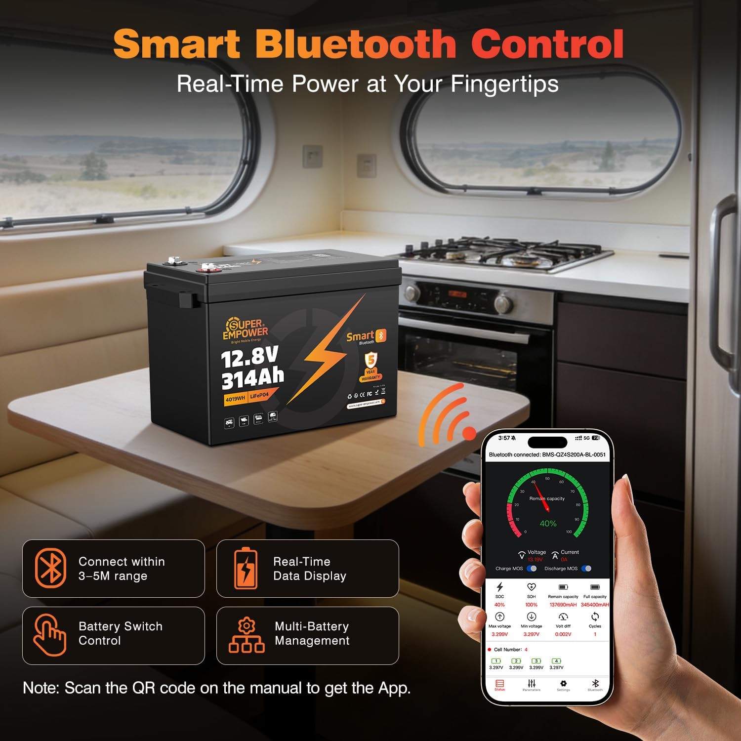 12.8V 314Ah LiFePO4 Lithium Battery with Bluetooth, 200A BMS, 15,000+ Deep Cycles, Low-Temperature Protection for RV, Solar, Marine, Off-Grid & Home Backup