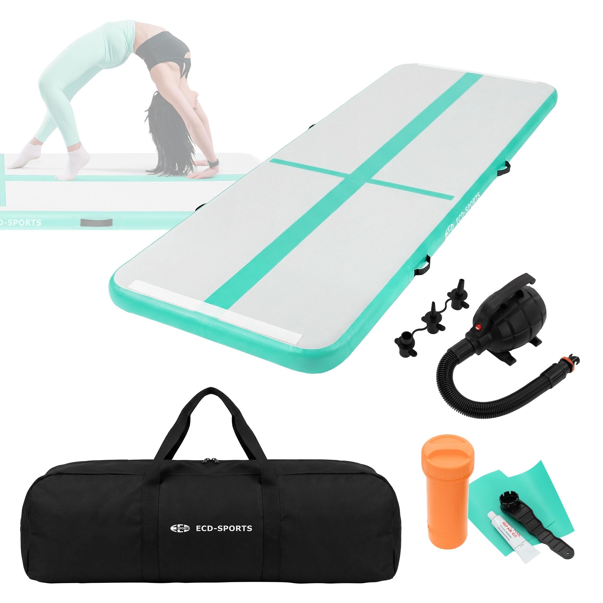 ECD Germany Tapis Airtrack 3m/4m/5m, Rose ou Vert Menthe, Épaisseur 10cm, Piste de Gymnastique Gonflable, Tumbling, Yoga, Pilates, Fitness, avec Pompe Électrique et Sac de Transport, Équipement Sport