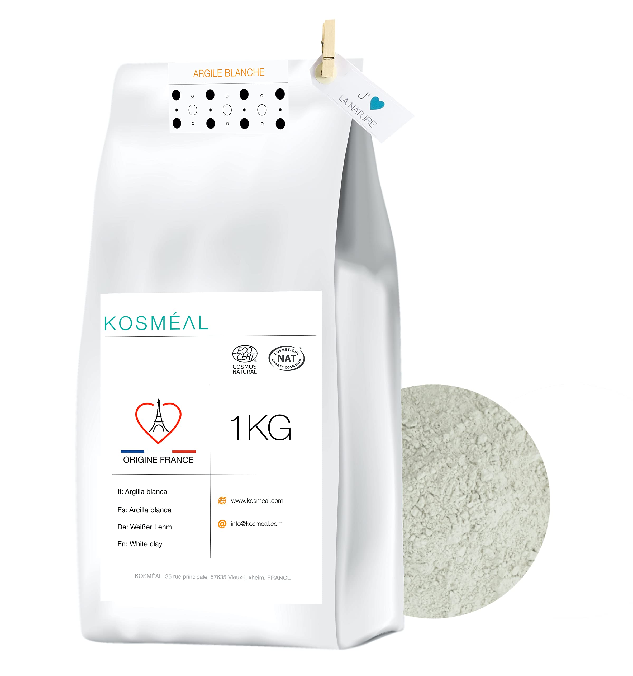 Argile Blanche Kaolin 1KG - Origine FRANCE - Certifiée COSMÉ BIO et Ecocert