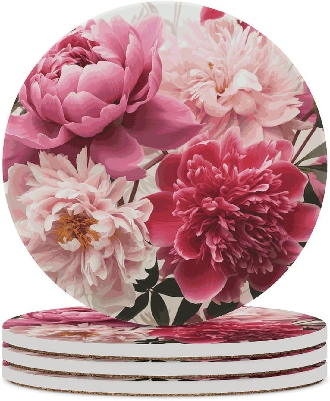 Pink Botanical Floral Coasters Round Coasters Set Ceramic Stone Coaster with Cork Base Coffee Cup Beverage Cup Mat Cute Funny Table Drinks Coaster for Mugs and Cups Office Kitchen