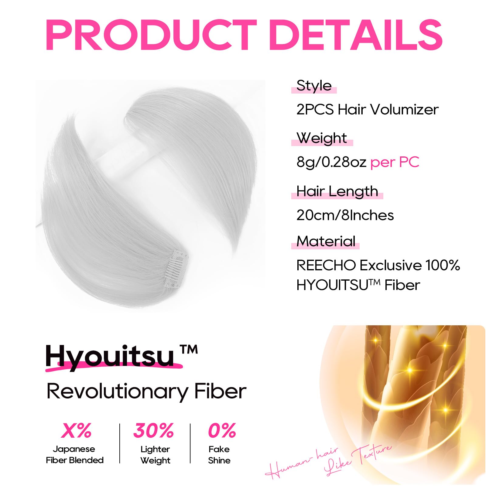 REECHO Clip in Hair Volumizer, 2PCS 8 inch Short Thick Clip in Hairpieces Adding Extra Volume Hair Extensions for Women with Thin Fine - Silver - Image 2