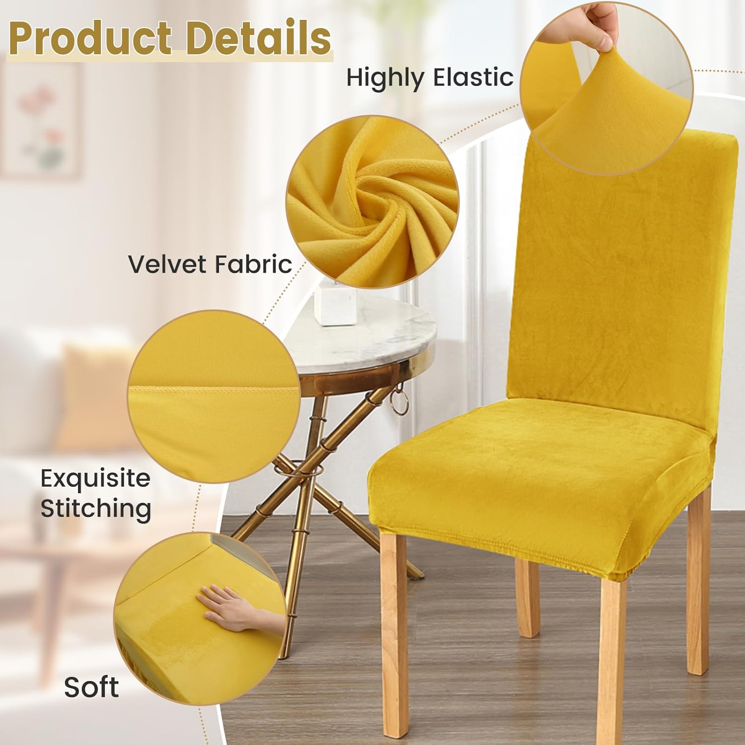 Rakila Velvet Dining Chair Covers Set of 6, Soft Stretch Washable Chair Slipcovers Protector for Home, Restaurant (Yellow, 6 Pack)