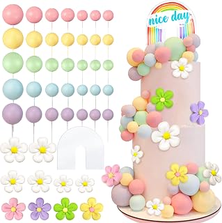 46 PCS Acrylic Rainbow Cake Toppers Colorful Balls Cake Decorations Boho Daisy Flower Cake Toppers for Wedding Baby Shower Birthday Party Supplies (Colorful)