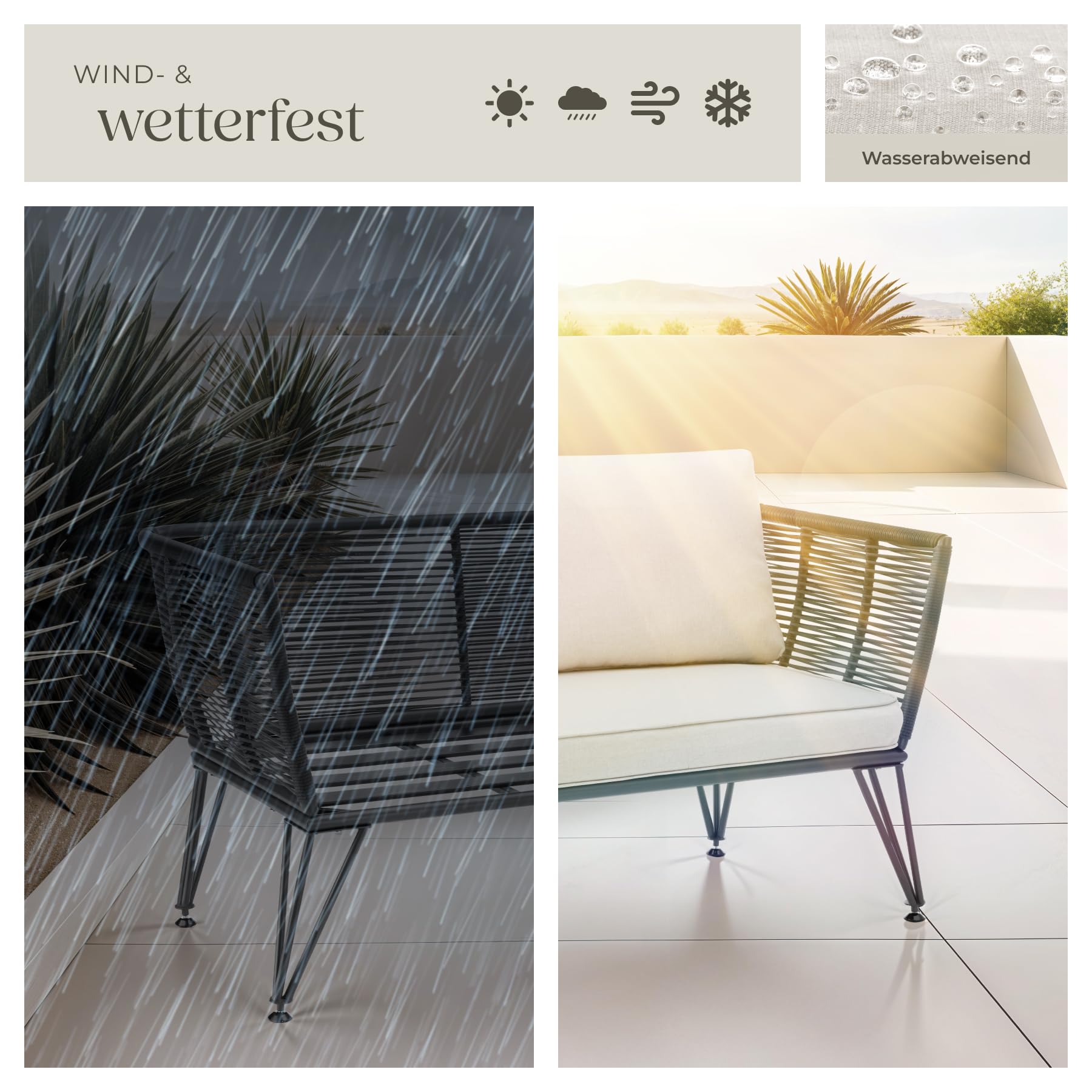 tectake® Rattan Lounge Sofa, Lounge Möbel Outdoor, Balkon Möbel, Outdoor Möbel, Rattan Gartenmöbel, Gartensofa mit Outdoor Kissen wetterfest, Balkonmöbel Kleiner Balkon, Wintergarten