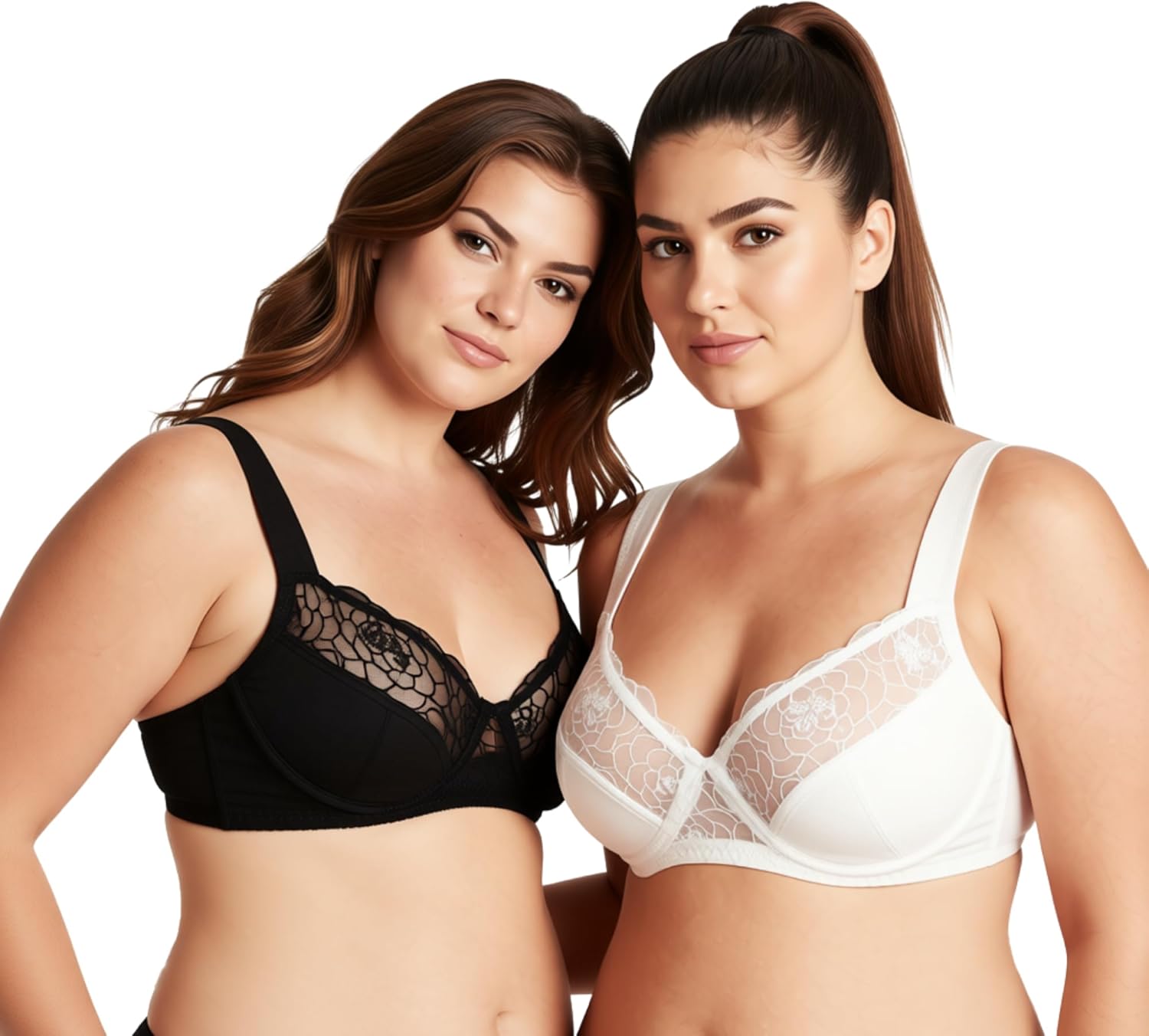 Curve Muse Women's Plus Size Minimizer Underwire Bra with Lace Embroidery-2 Pack-Butter Milk,Black-34DDDD