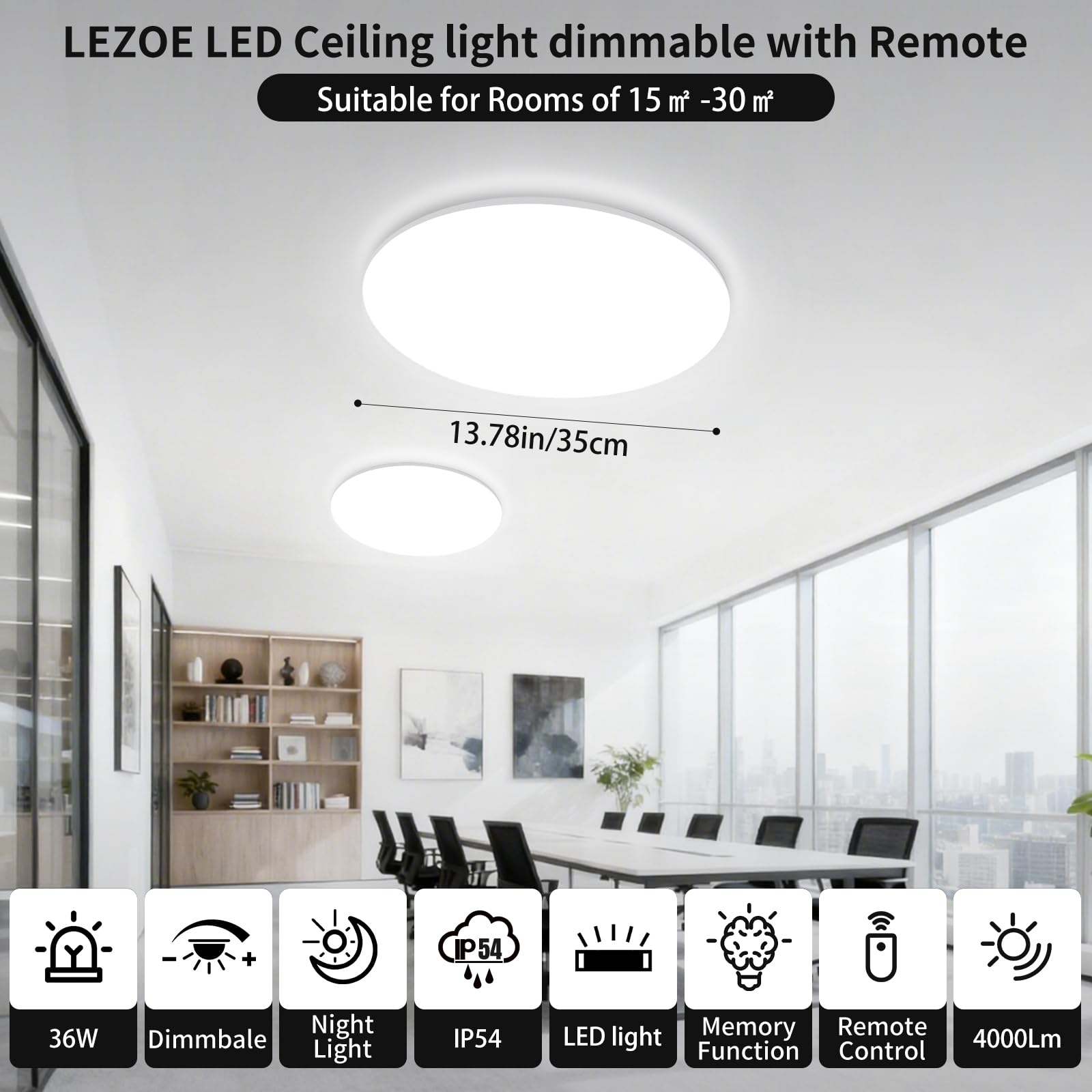LEZOE Plafoniera LED dimmerabile con telecomando, φ35cm, 36W 4000LM IP54 2700K-6500K, Lampada LED, pannello luminoso da soffitto per ufficio, cucina, soggiorno, camera da letto, bagno ovale