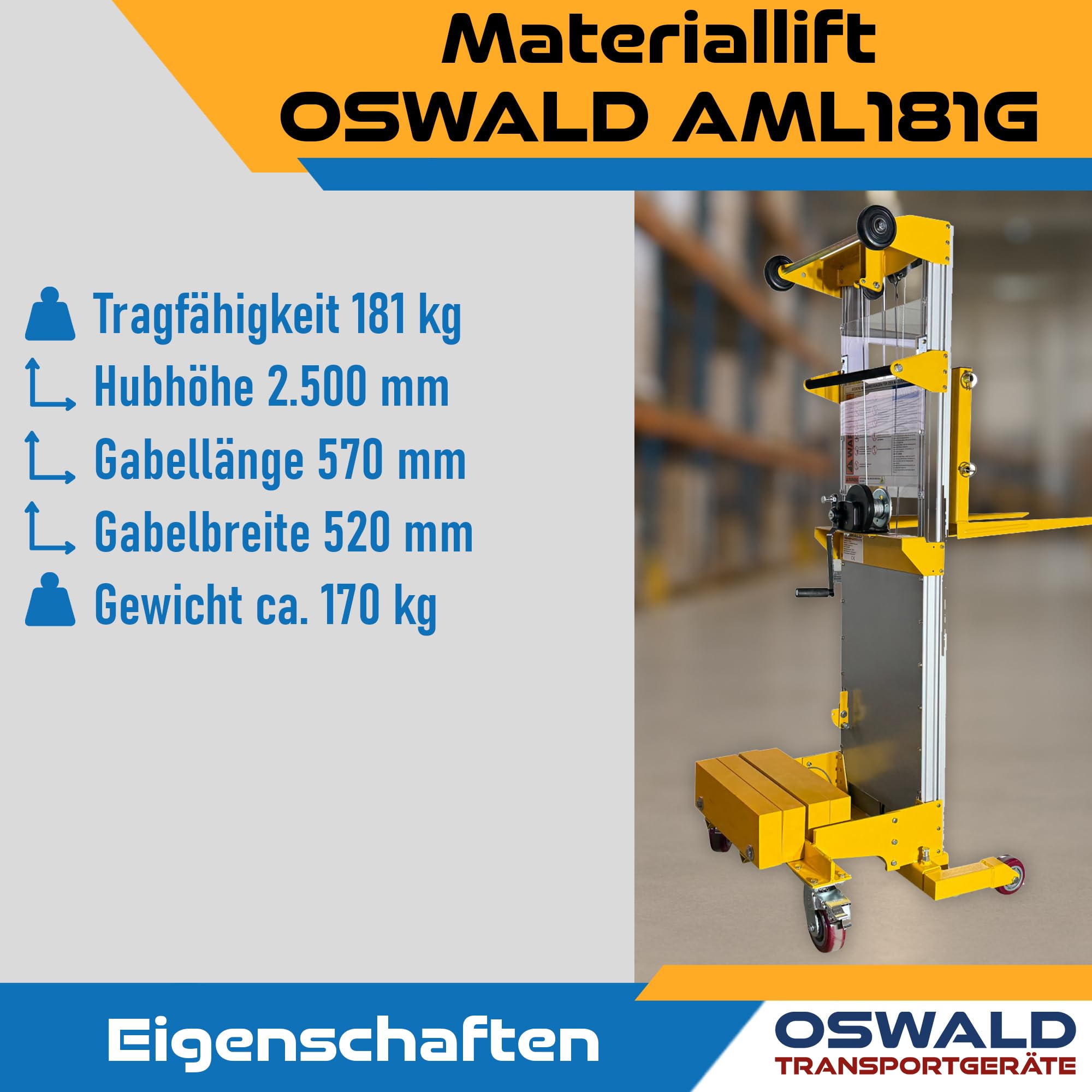 Materiallift AML181G mit Gegengewicht - 181 kg Tragkraft - 2.500 mm Hubhöhe - Handstapler