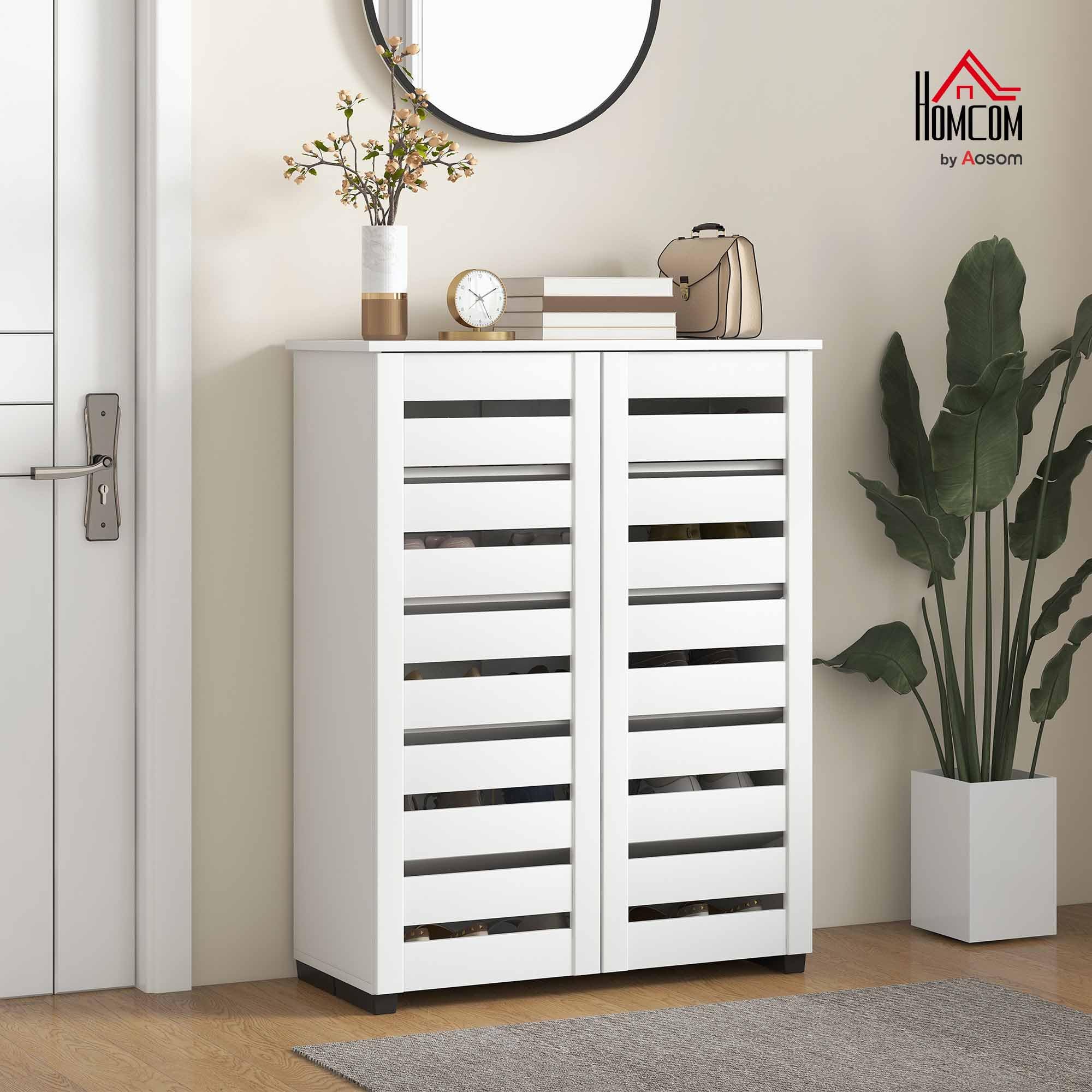 HOMCOM Mobile Scarpiera a 5 Livelli con 4 Scaffali Regolabili e Ante a Doghe, Scarpiera Moderna Salvaspazio in Legno, 76x33x98 cm, Bianco