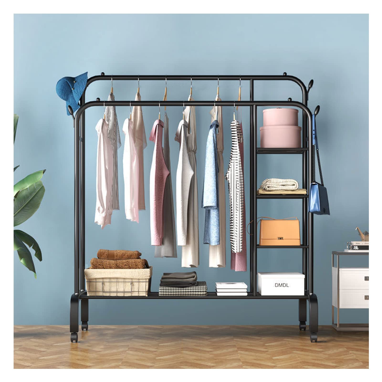 Aycdl Noir Metal Clothing Rack With Rolling Wheels Freestanding Hanger Display For Bedroom Hallway And Retail Store - Stylish And Functional Garment Nizer,-135Cm