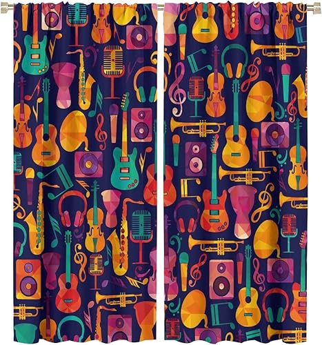Miniatura 33 de Cortinas de música retro, notas musicales abstractas en blanco y negro, con bolsillo para barra, cortinas opacas para ventana para sala de estar,