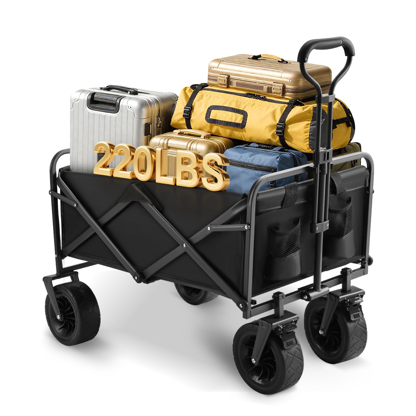 Bollerwagen faltbar Handwagen mit Getränkehalter 100L 100KG Transportwagen Gartenwagen Strandwagen für Alle Gelände Draussen Einkaufen für Geländetauglich mit Bremsen