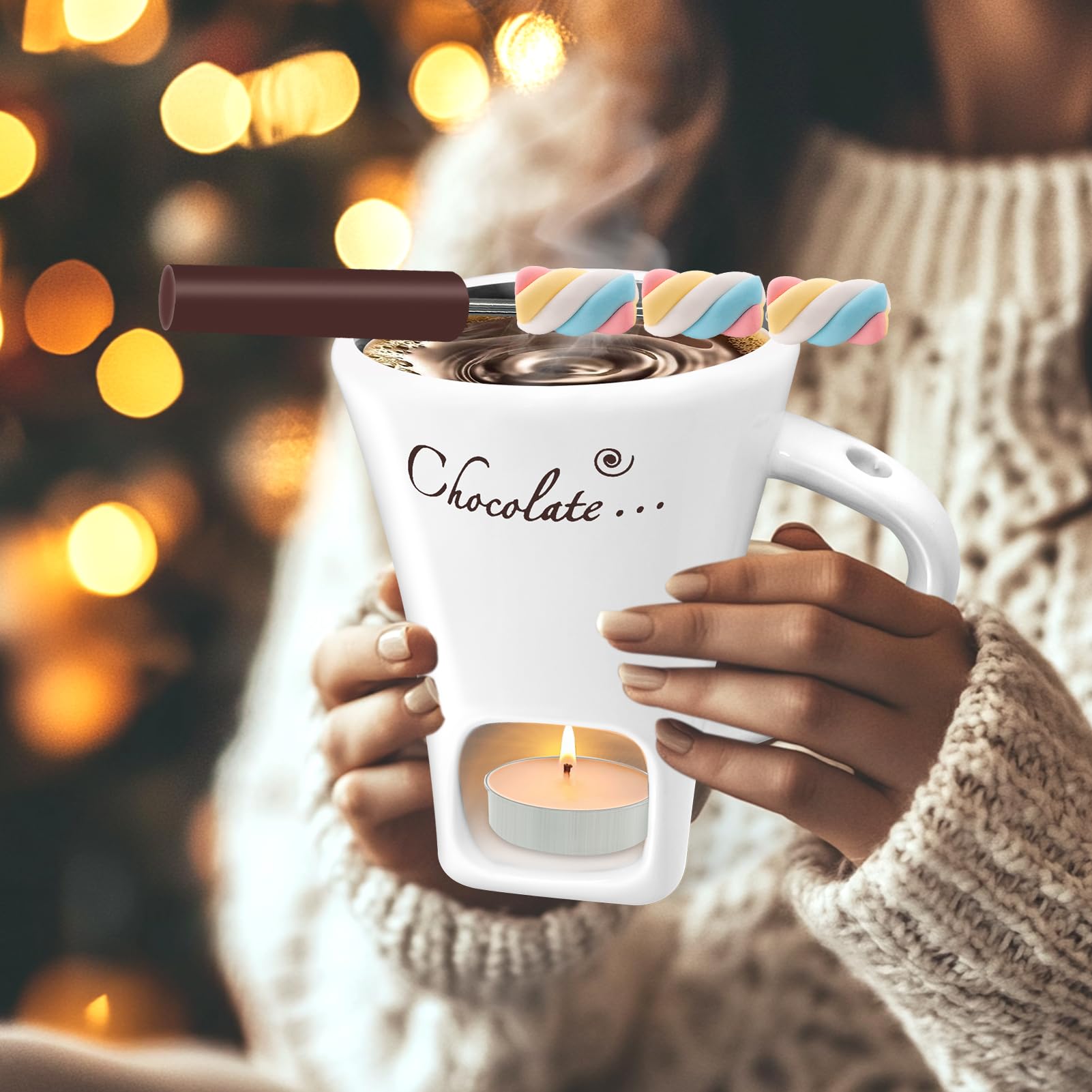 Dongcill - Set per fonduta di cioccolato in tazza, 200ml, Set di bicchieri per fonduta di cioccolato in ceramica, con forchetta e candela
