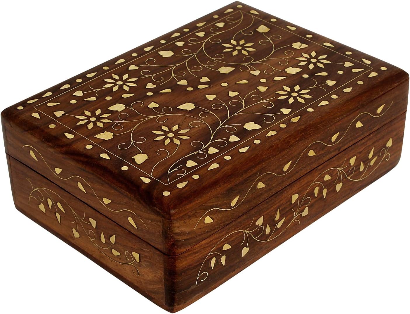 Ajuny Floral Wooden Jewellery Box 7x5 Inch, Brass Inlay Hand Carved Chest