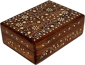 Ajuny Vintage Floral Style Wooden Decorative Jewelry Box Organizer with Brass Inlay for Keepsake Storage Travel Treasure Chest Gifts 7x5 Inch