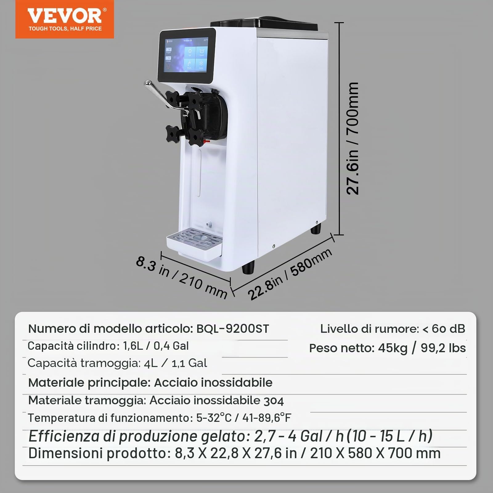 VEVOR Macchina per Gelato Commerciale, Produzione 10 L/H, Macchina per Gelato Soft da Banco Monogusto 900 W, Tramoggia 4 Litri, Cilindro 1,6 Litri, per Snack Bar Ristorante
