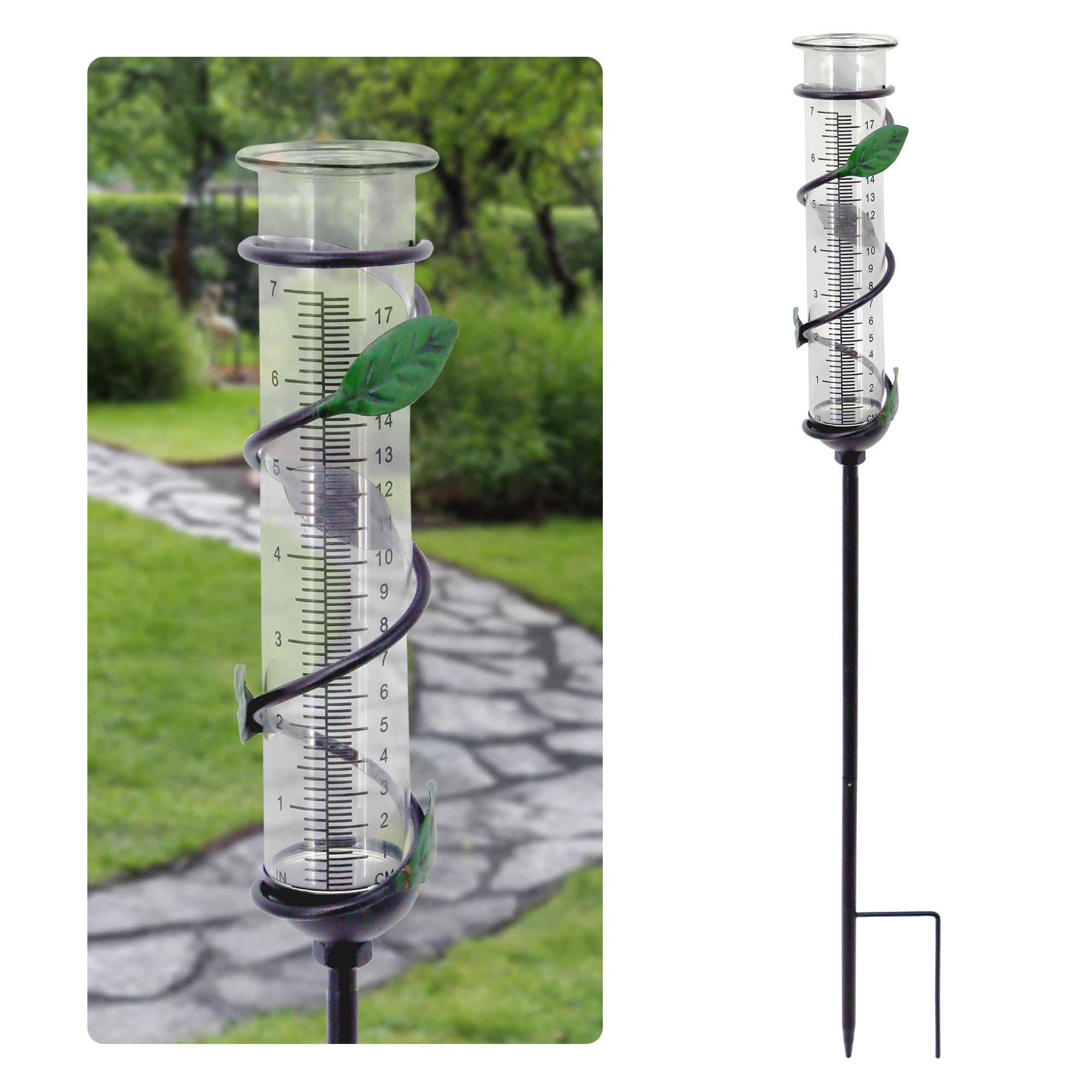 27in Leaf Rain Gauge Metal Garden Stake Green Outdoor Decor