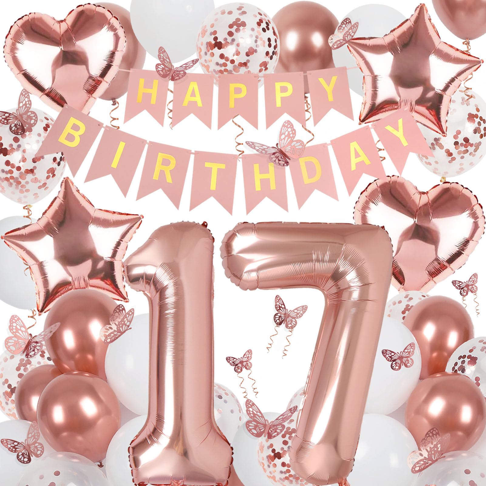 Photo 1 of Rose Gold 17th Birthday Decorations for Girl, 17 Year Old Sign with Happy Birthday Banner, 40In Number 17 Foil Birthday Balloons, Butterfly Decorations, Heart and Star Balloons