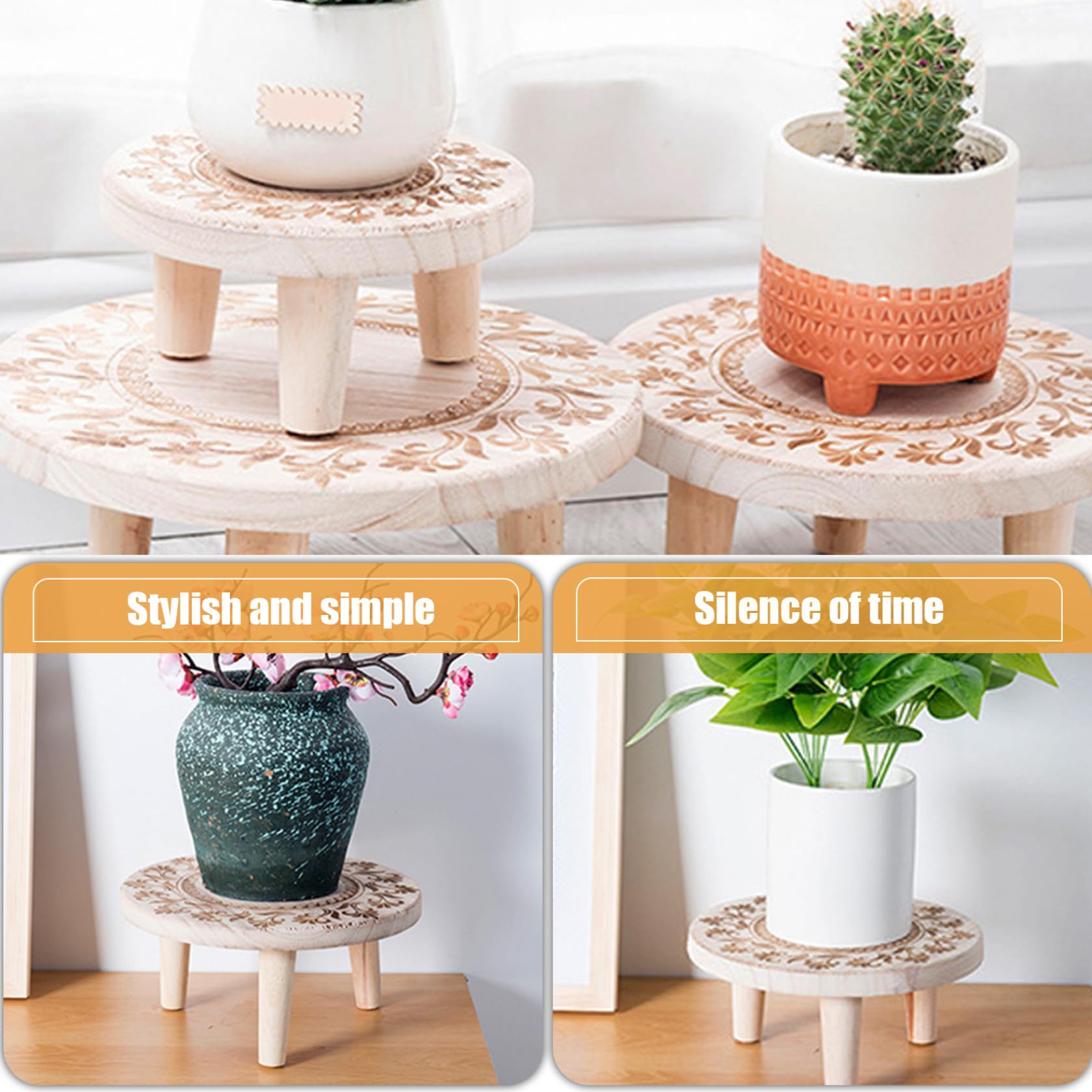 Taburete para plantas, elevador de madera redondo de 9, 8x4, 7 pulgadas, soporte decorativo con estampado de flores para oficina, hogar, jardín(M)
