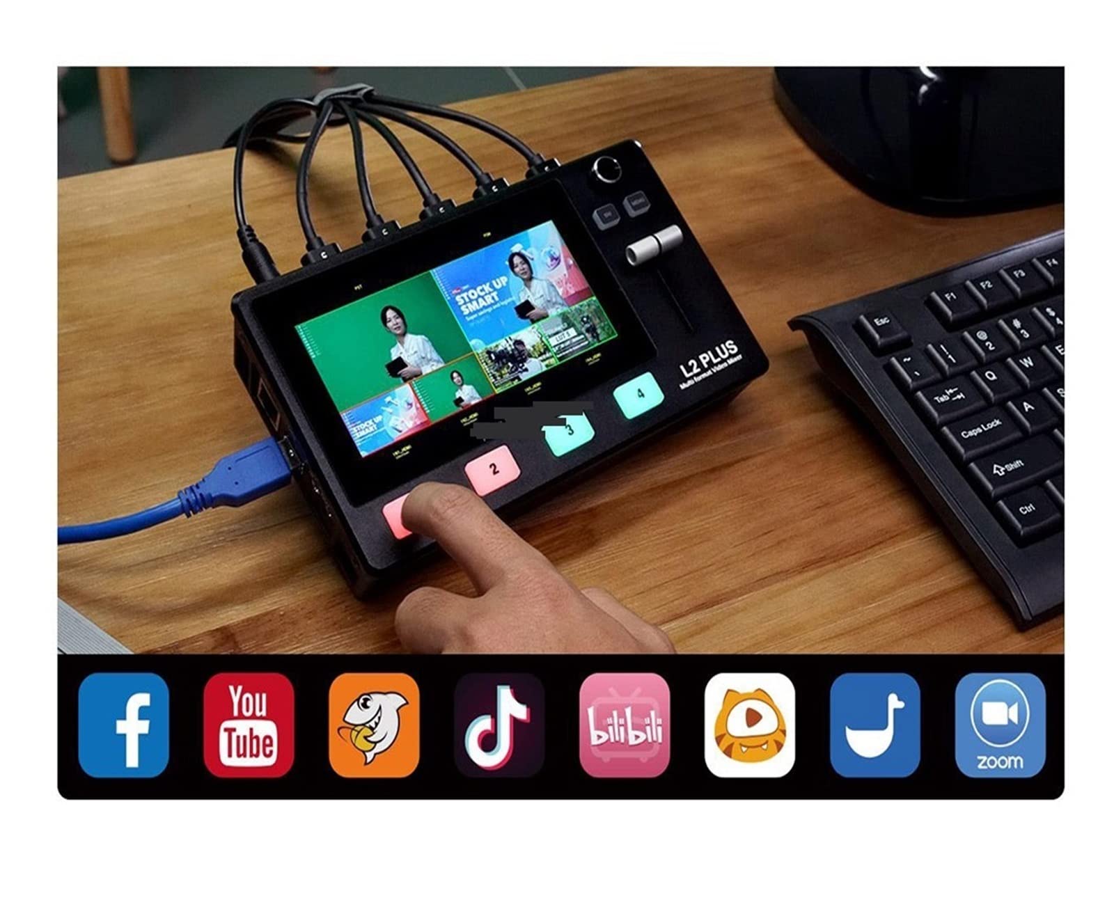 L2 Plus 5.5 "LCD Multi-cámara Video Mixer Switcher con Pantalla táctil PTZ Control Key USB3.0 for transmisión en Vivo para computadora portátil, TV, proyector