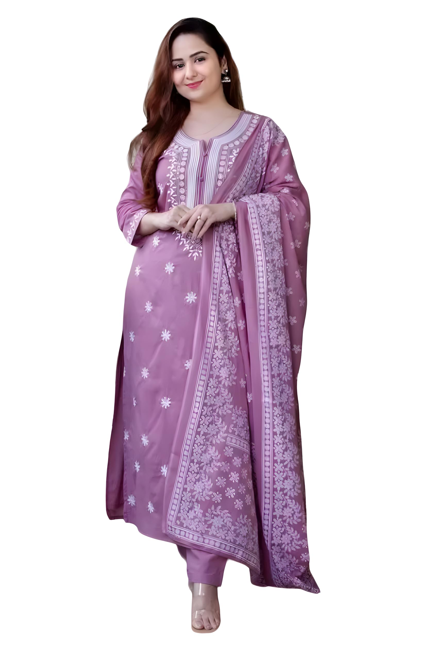 Women's Cotton Embroidered Chikankari Work Straight Kurta Dupatta Pant Set