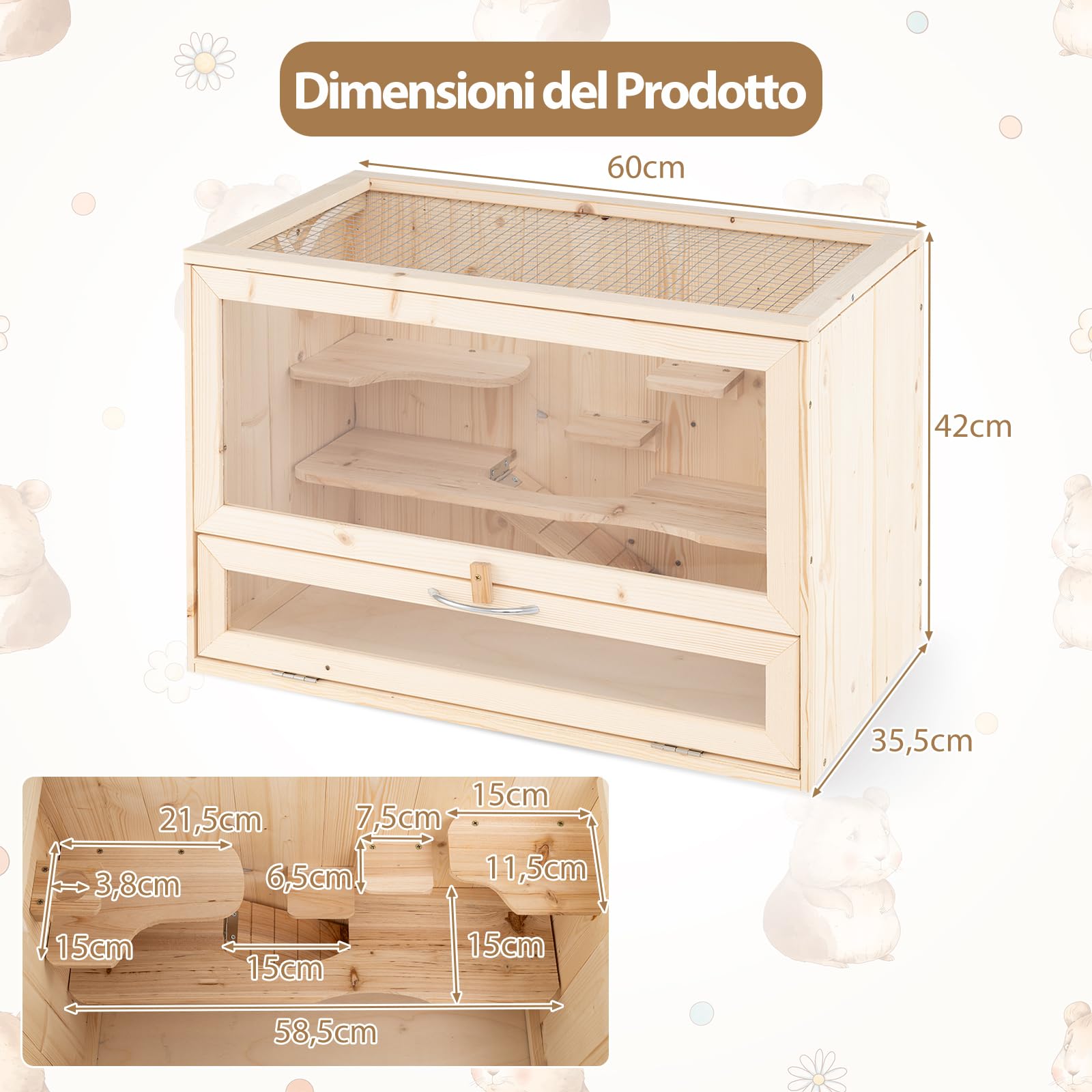 COSTWAY Gabbia per Criceti, Gabbia Criceti in Legno con Tetto Ribaltabile in Rete, Aree Multi-Scala, Rampa, Pannello in Acrilico e Porta Bloccabile, 60 x 35,5 x 42 cm