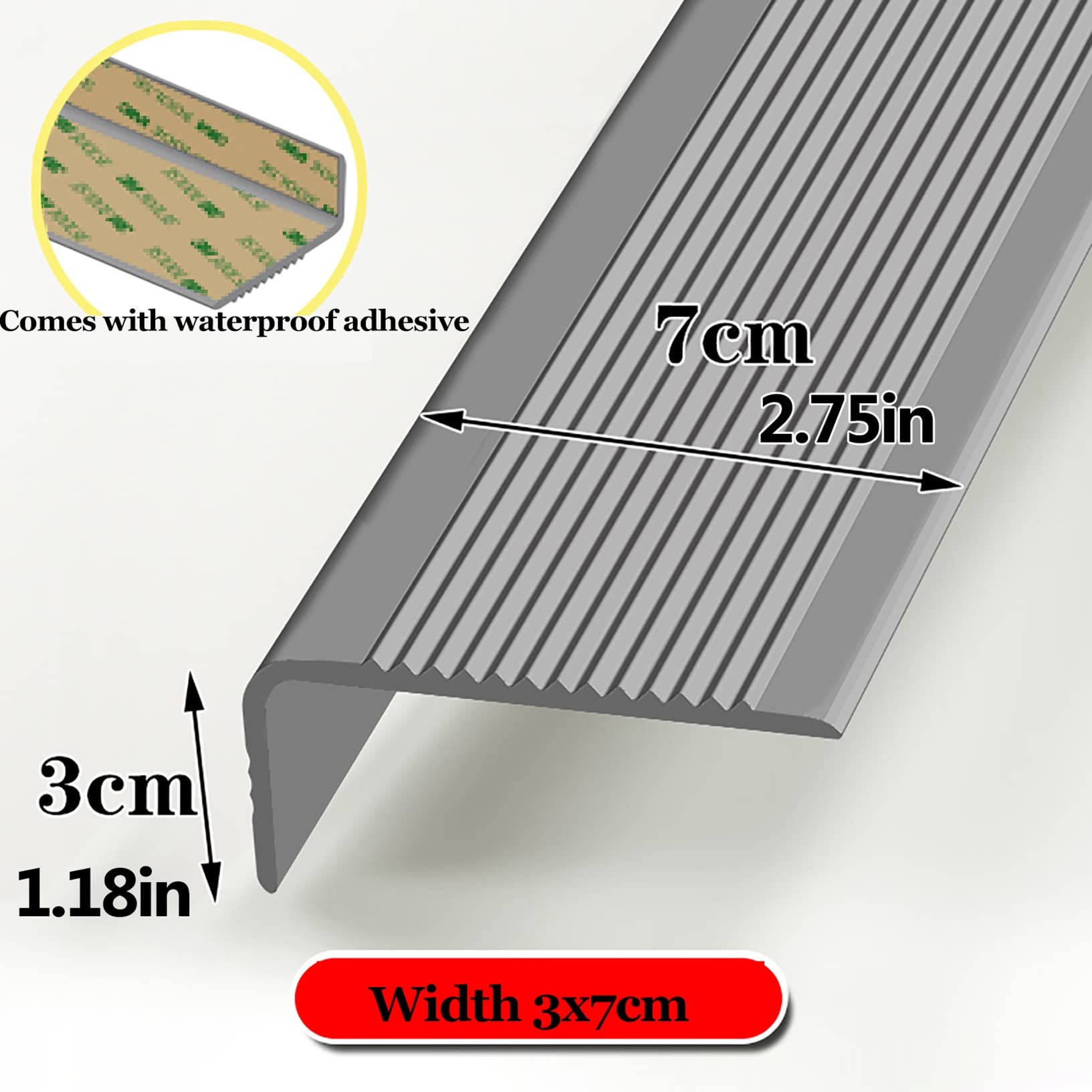 Tiras antideslizantes para peldaños de escalera, cinta fluorescente autoadhesiva para bordes y ventanas, 3 x 7 cm, color gris, 3000 pulgadas de longitud, perfectas para bricolaje en el hogar y agarre