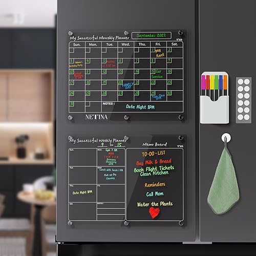 Netina Skin Restart Juego de 2 calendarios magnéticos acrílicos para nevera, calendario magnético mensual y semanal para borrado en seco del