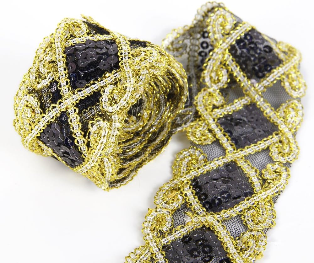 Sequins Lace Mesh Trim Lace Ribbon Applique Sewing Craft Supplies 10 Yards for Clothing Curtain Table Runner Making Decorating (Black)