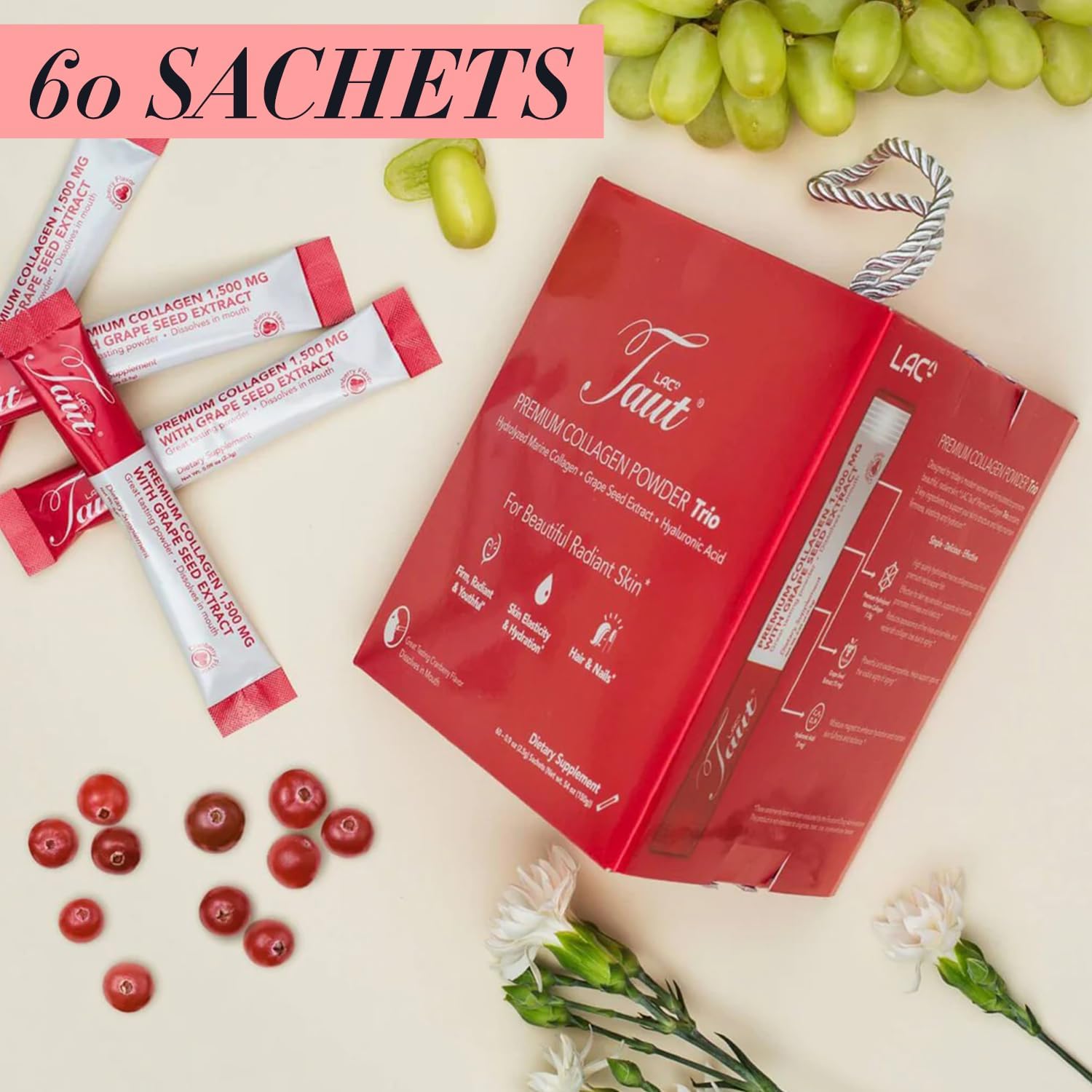TAUT Collagen Powder for Women - Pure Marine Hydrolyzed Collagen Powder Sachet for Younger Looking Skin - 1500 Mg Hydrolyzed Collagen Peptides with Hyaluronic Acid & Grape Seed Extract - 60 Sachets