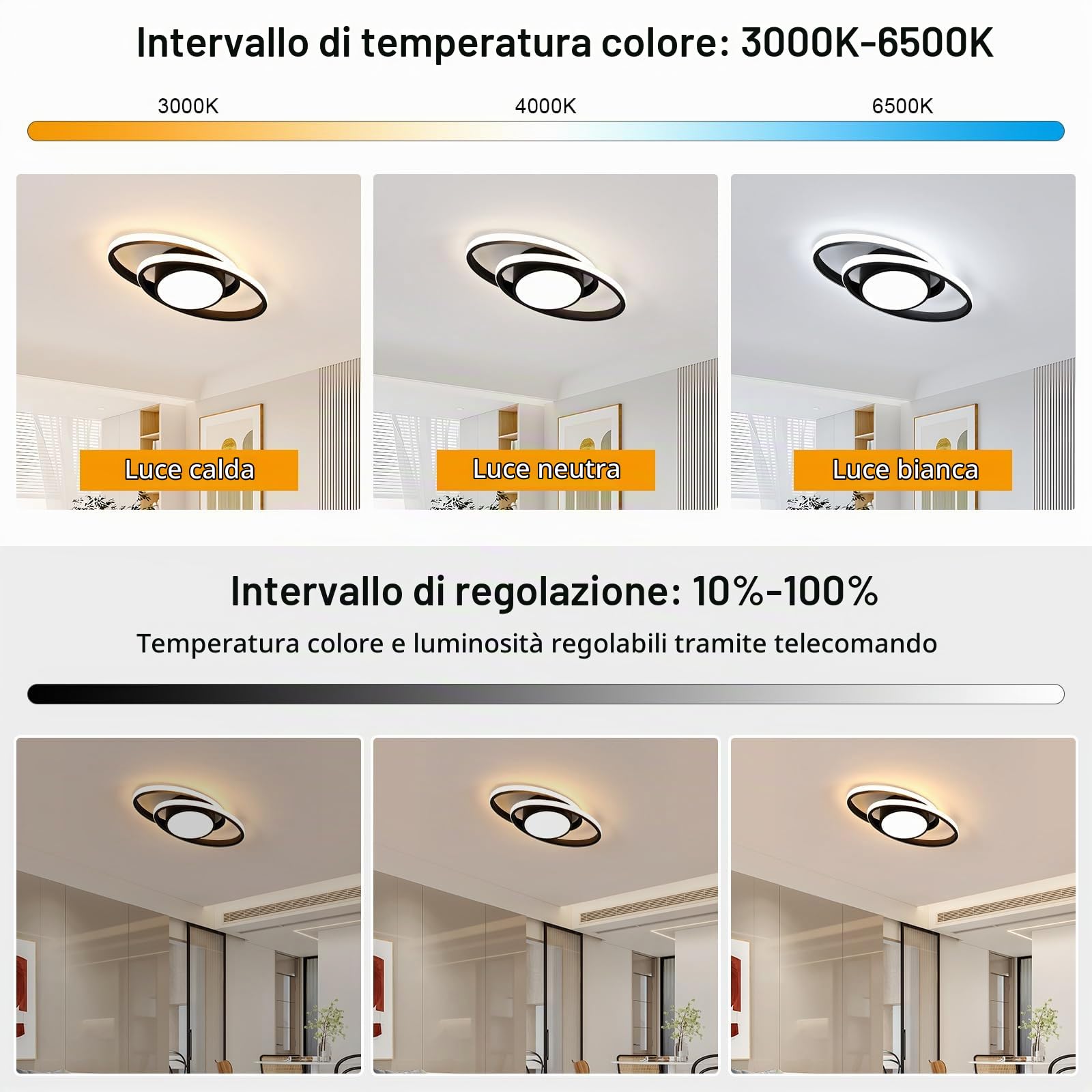 Plafoniere da Soffitto Dimmerabile, 39W 4387LM Plafoniera LED Soffitto Moderno, con Telecomando/APP 3000K-6500K, Nera Lampada da Soffitto LED per Soggiorno Camera da Letto Cucina, 38.5CM
