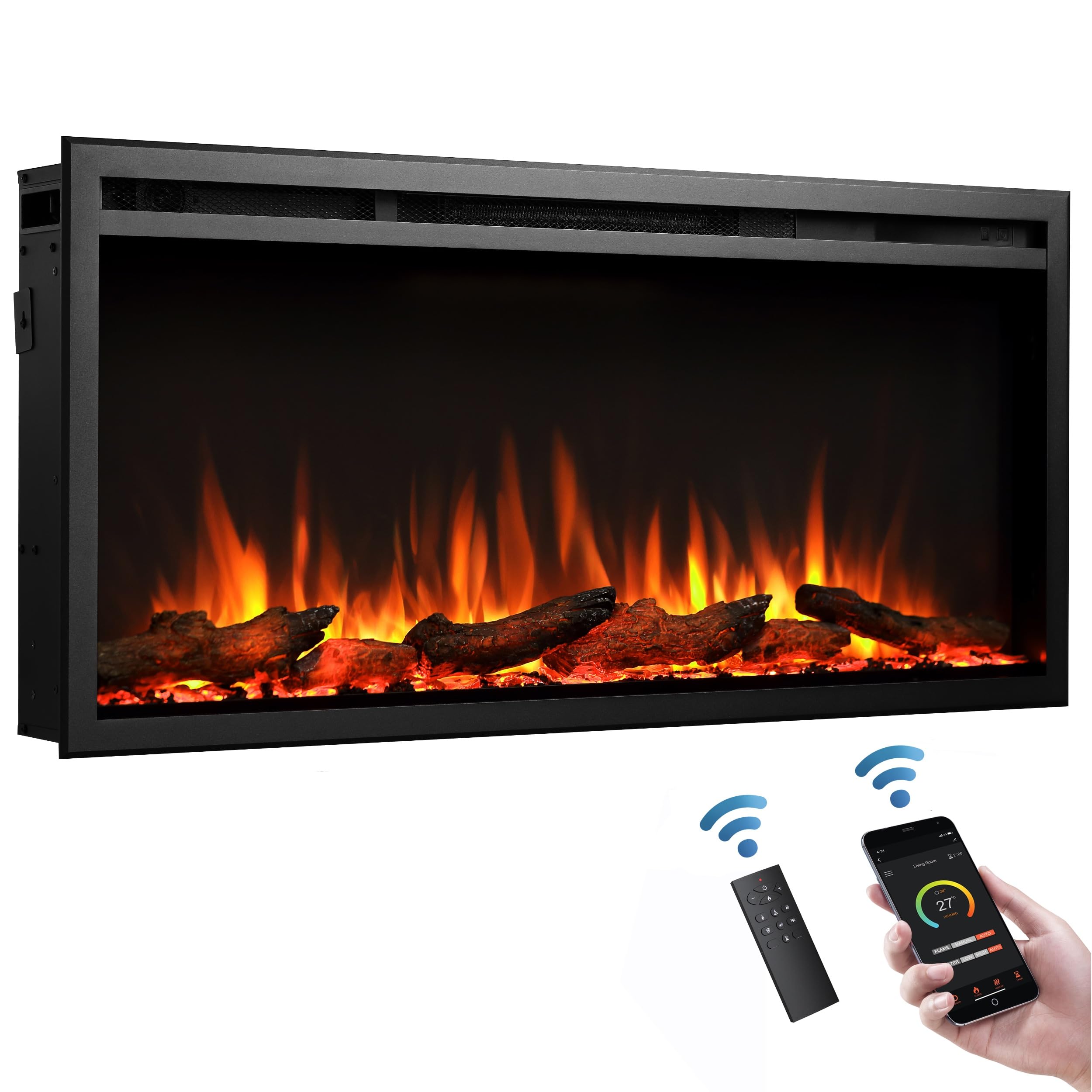 Balderia camino elettrico Atalanta | Caminetto a incasso effetto fiamma 3D | Riscaldamento elettrico 1500W, LED, comando via app, crepitio | Nero