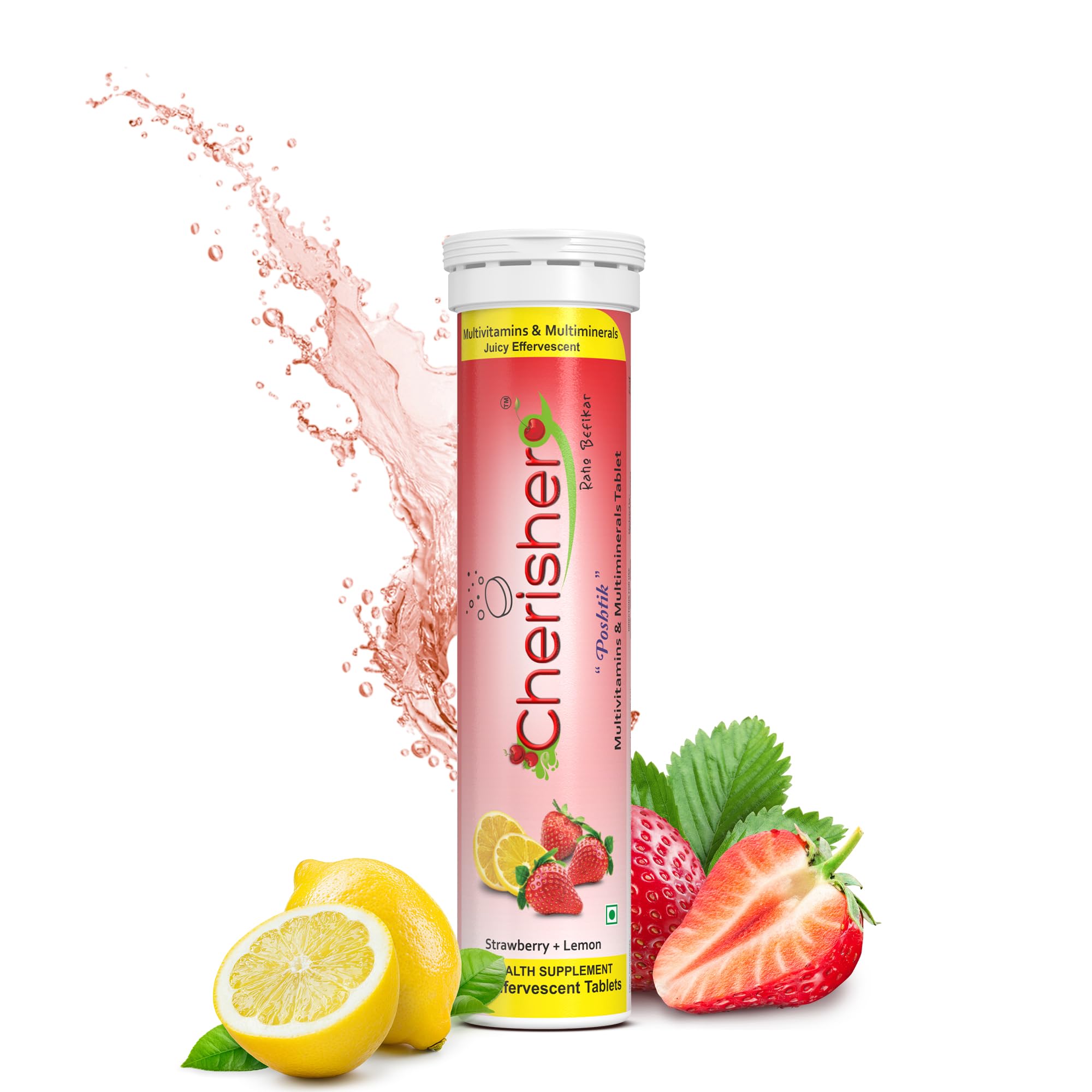 CHERISHER "POSHTIK" Immunity Booster Essential Multivitamin Tablets For Men & Women | 15 Effervescent Multi mineral Tablet | Strawberry + Lemon Flavour | Daily Nutrition