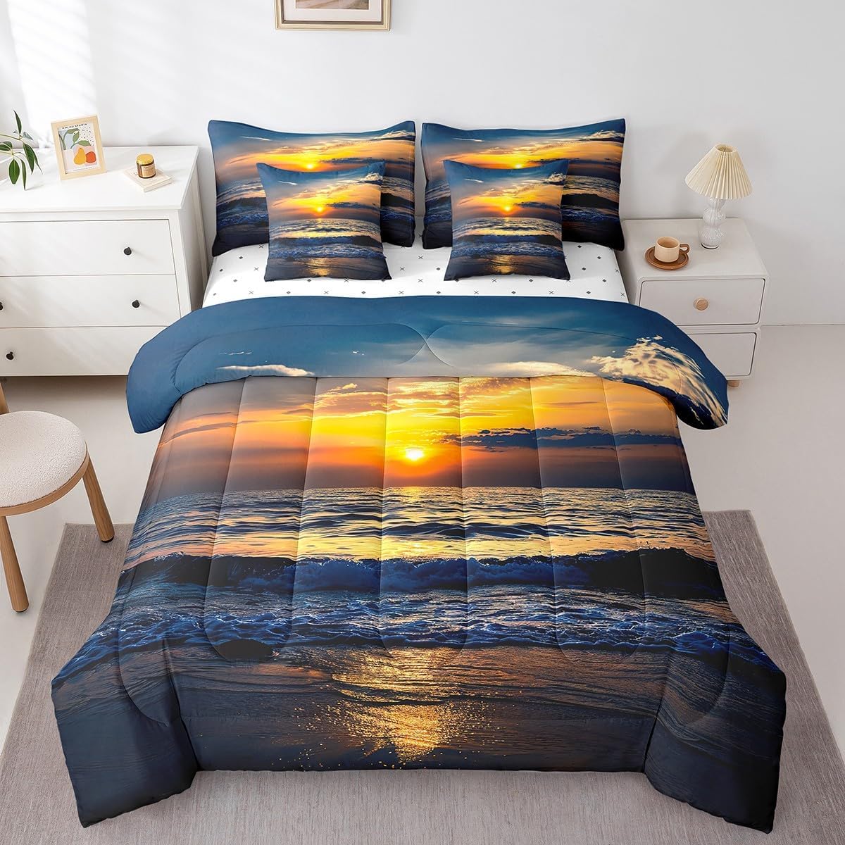 Feelyou Beach Wave Bedding Set Sea Wave Surfing Sunset Bed in a Bag Nautical Hawaiian Summer Beach Comforter Set King Size 7 Pieces Bed Set with Comforter, Sheet Set, Pillowcases, Pillow Covers