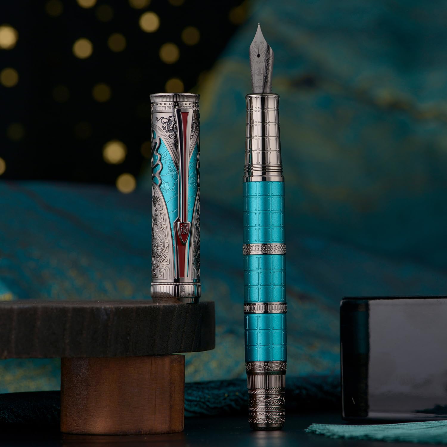Hongdian D5X Fountain Pen Turquoise Color Fine Nib, Qin Dynasty Retro Chinese Totem Engraving Smooth Writing Pen with Converter and Pen Box Set - Image 3
