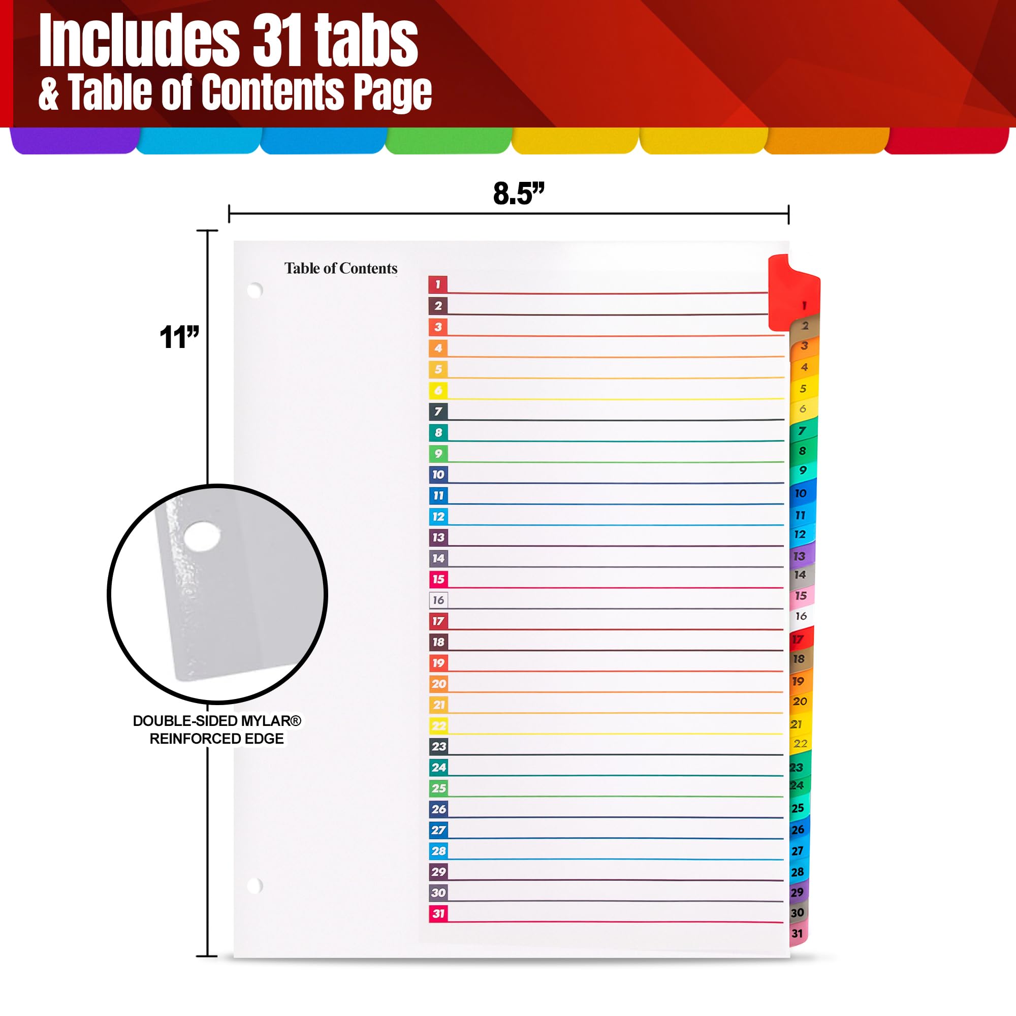 Divisori per raccoglitori a 3 anelli, 6 set, 1-31 divisori numerati con indice con sommario, 21,6 x 27,9 cm, perforati a 3 fori, divisori per scuola, ufficio, archiviazione, organizzazione, confezione