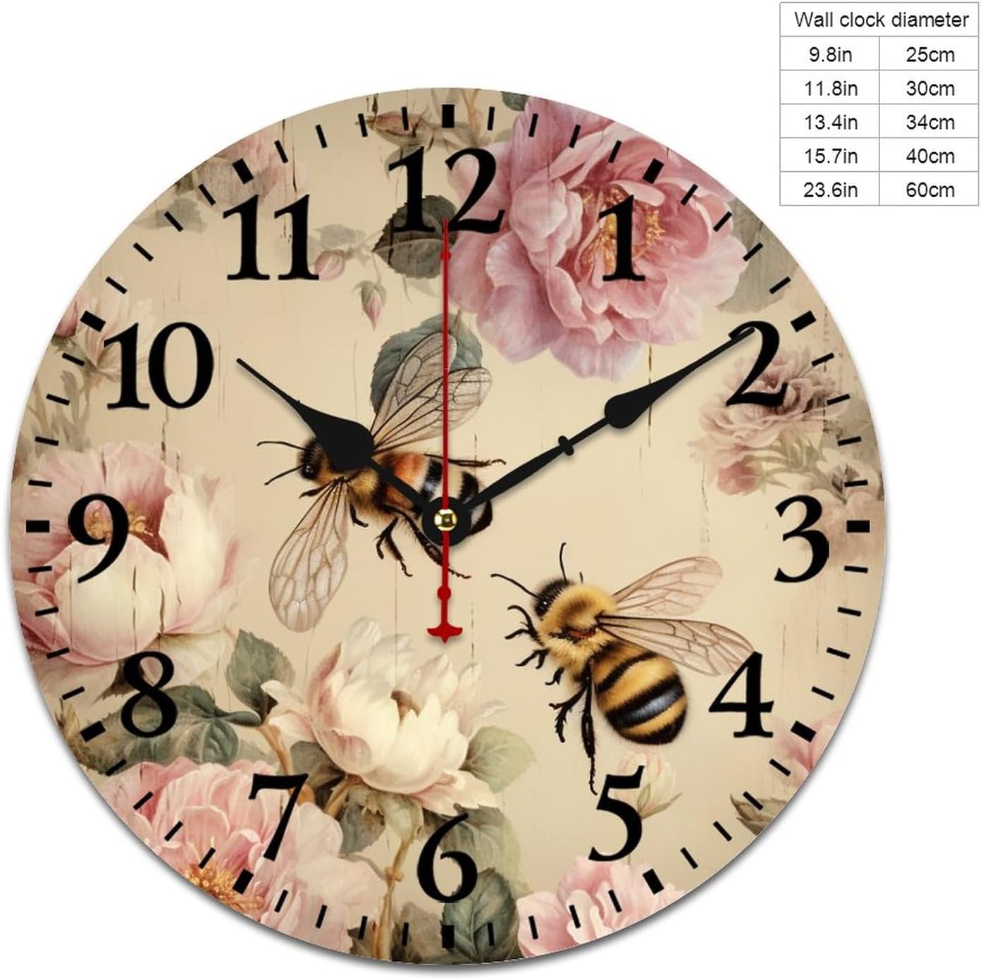 Rustic Vintage Honey Bees & Floral Roses Wall Clock Retro Flower Peony Rose Rustic Wood Wall Clock Quality Quartz Non Ticking for Kids Room and Kitchen Arabic Numeral 16 Inch Round