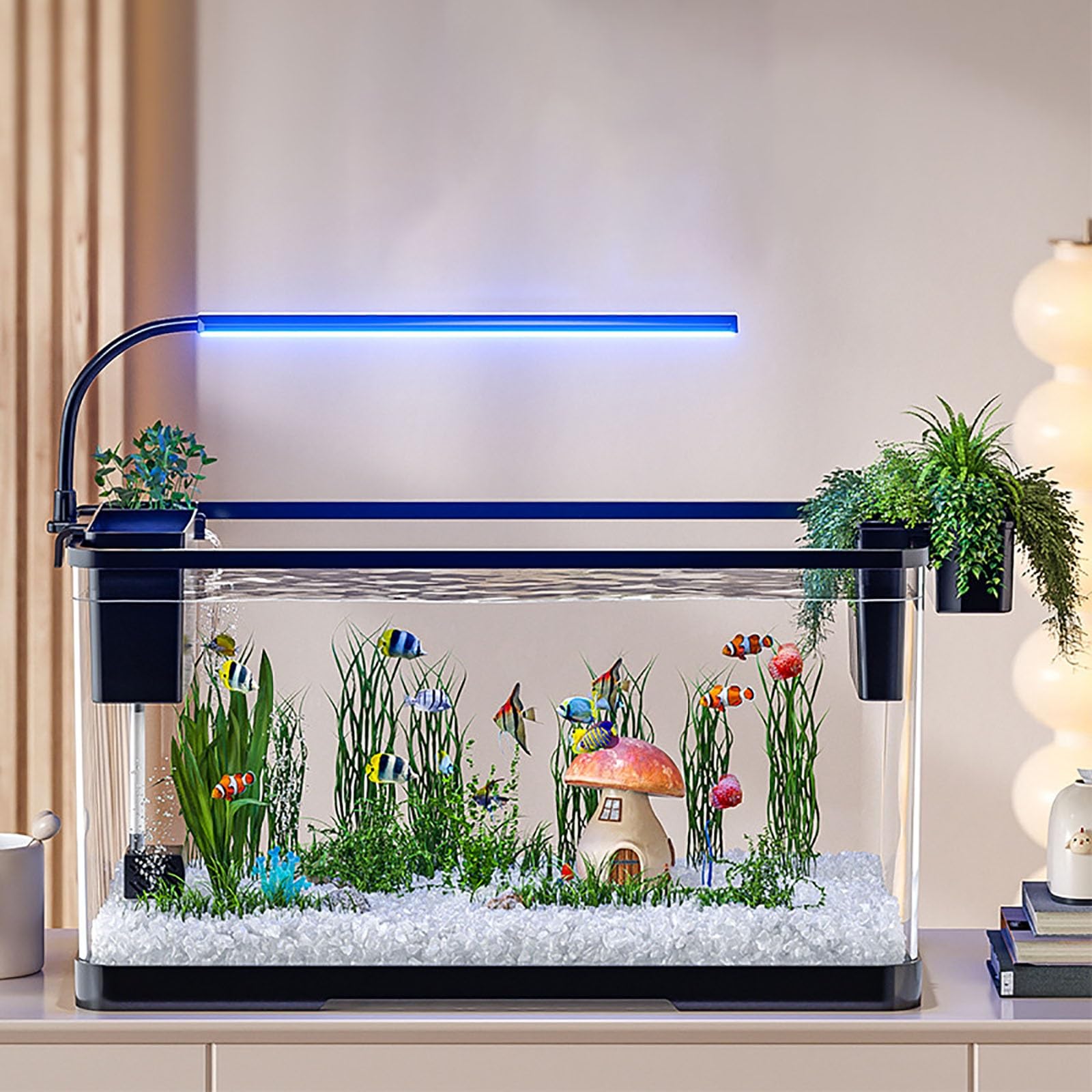 Aquarium avec Filtre Et Lumière, Mini Aquarium Décoration De Table pour Poissons Betta, Crevettes, Poissons Rouges(S)