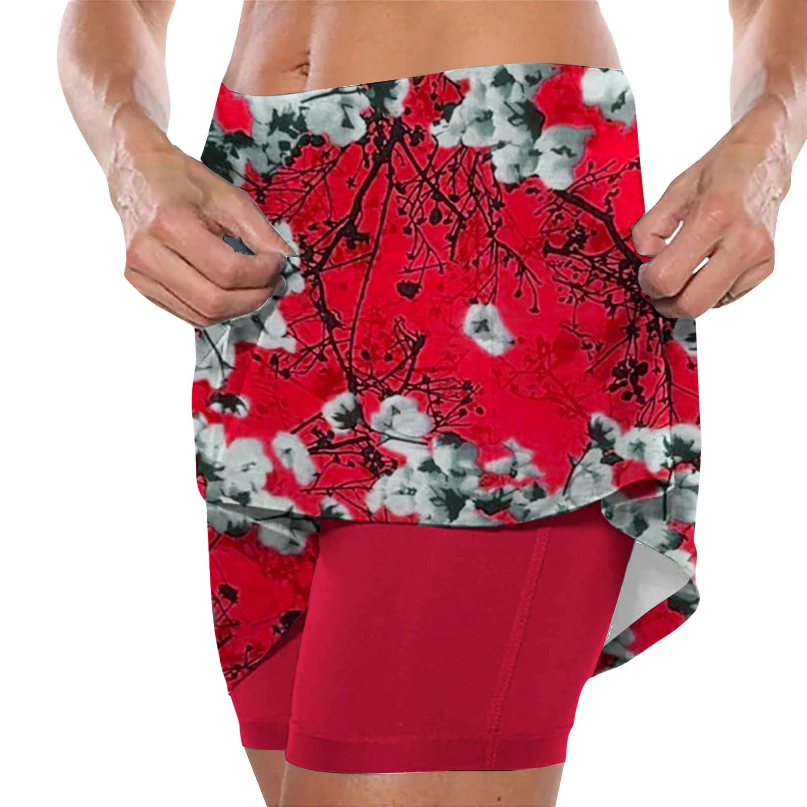 Jupe Short Femme Ete Sport Grande Taille 2 en 1 Jupe Tennis Fleurs Imprimé avec Poche Décontracté Mode Skorts Skirt Doublure Intégrée pour Le Golf La Randonnée La Course À Pied Le Cyclisme