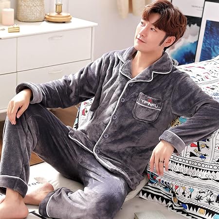 Amazon コーラルフリースパジャマメンズ長袖プラスベルベット厚みのあるユースフランネルホームサービスウォームスーツ Qwev ランジェリーセット