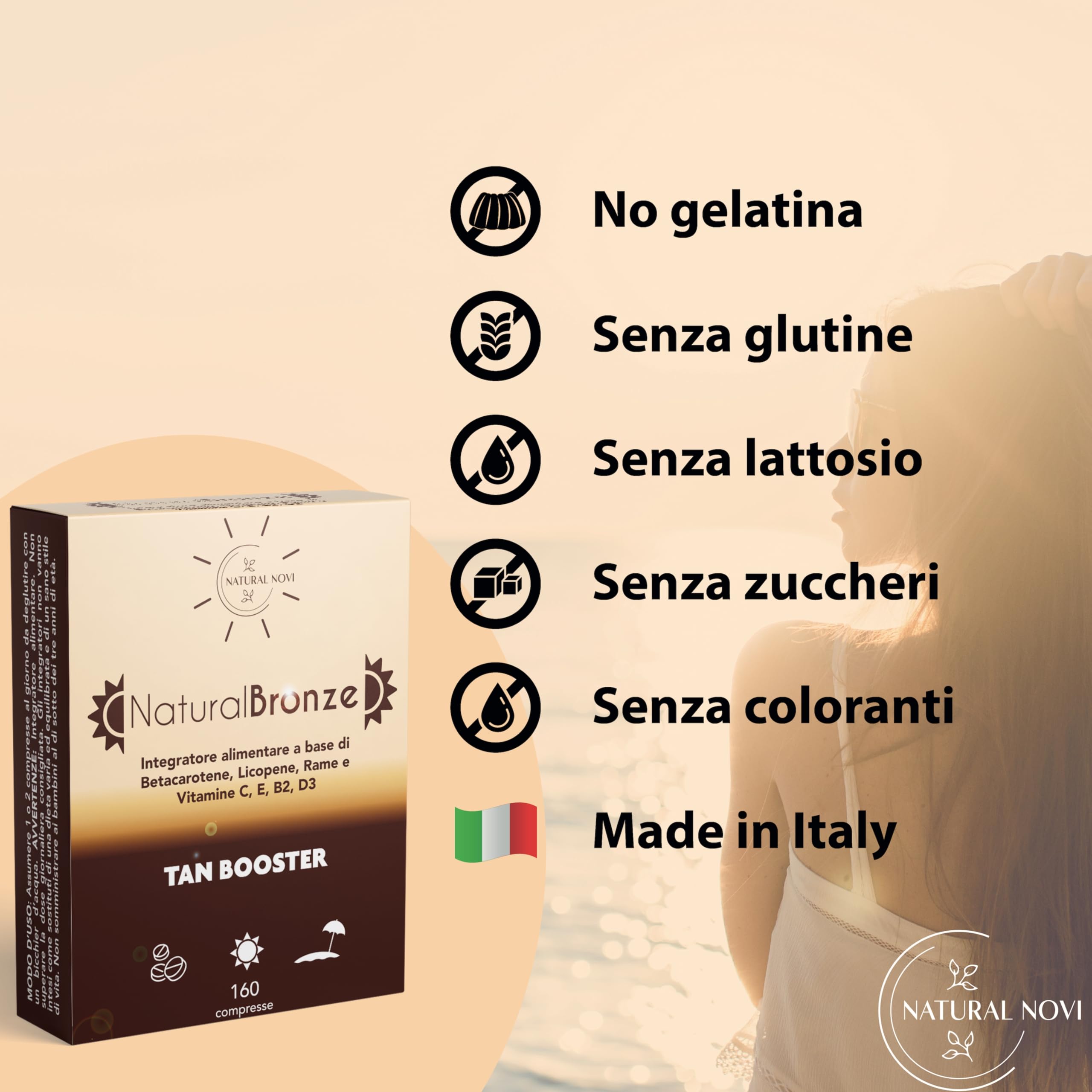 Integratore Abbronzatura NaturalBronze | 160 compresse | Betacarotene, Licopene, Rame, Selenio, Vitamine B, C, D, E | Attivatore Abbronzatura forte | Prepara accelera protegge e mantiene pelle dorata