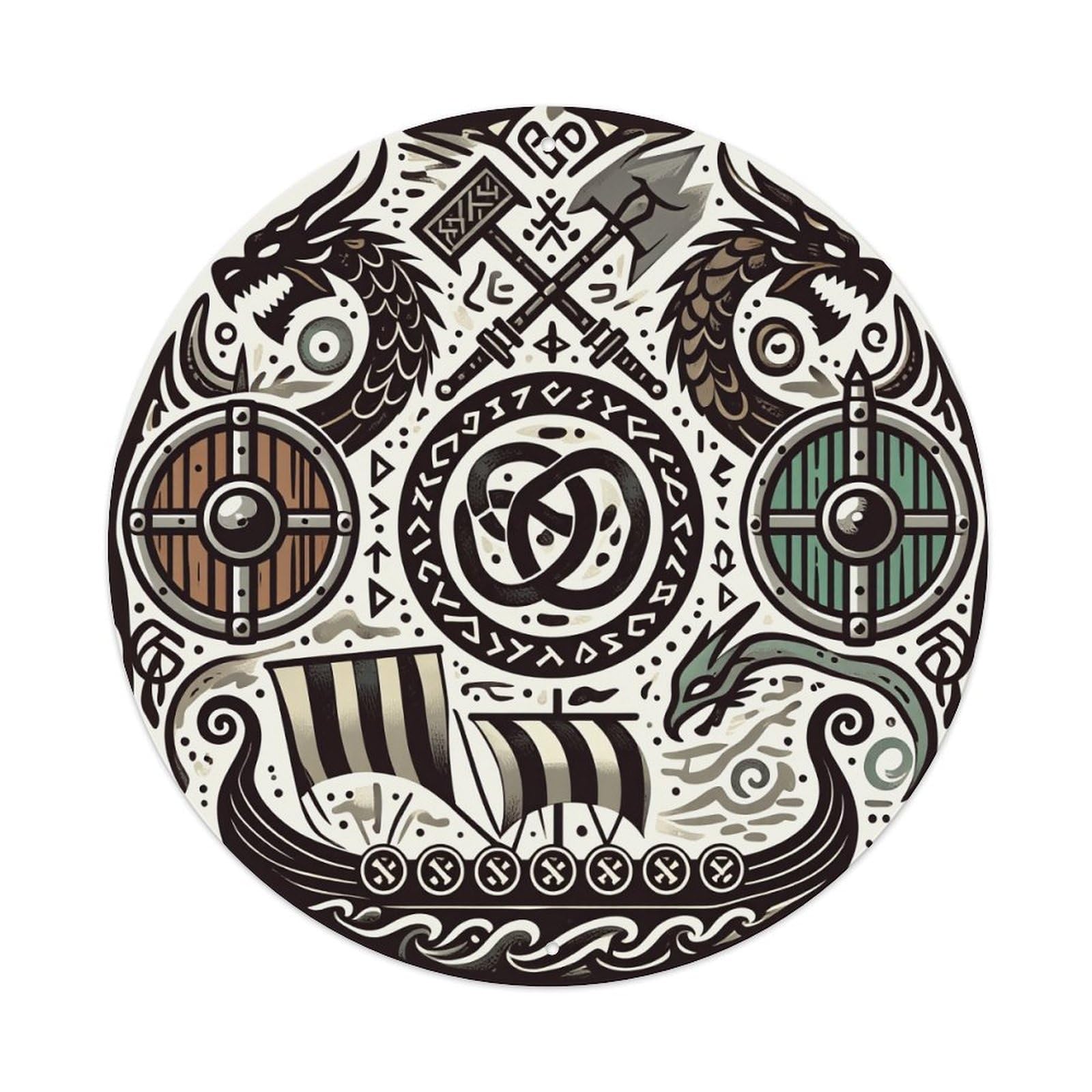 Viking Dragon Ship Shield Cross Round Tin Sign Retro Metal Sign for Cafe Bar Pub Home Game Room Gym Club Wall Decoration Vintage Metal Poster 8x8 Inch