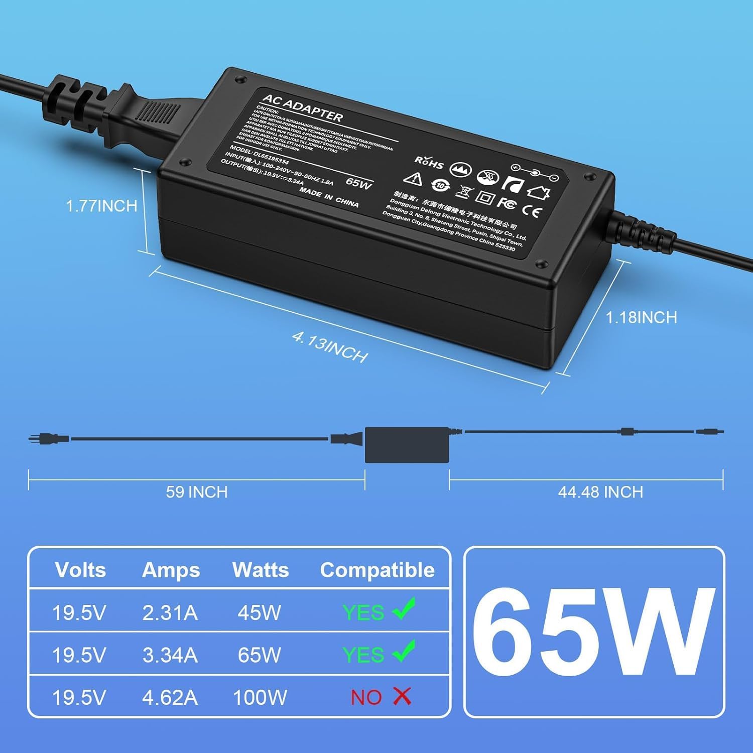 65W 45W Laptop Charger Compatible with Dell Inspiron 15 5000 7000 3000 5555 5558 3511 Inspiron 17 14 13 3000 5000 7000 Latitude E6440 E6430 3520 3420 XPS 13 14 9333 Power Supply Cord - Image 3