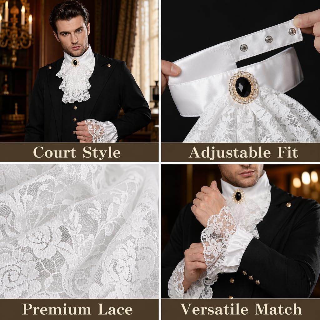 Jabot Lace Set with 2 Ruffle Cuffs, Colonial Costume Accessory