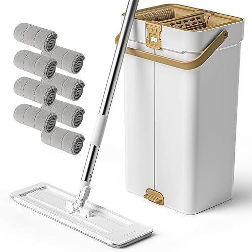 Miniatura 9 de JEOPEM Trapeador y cubo con juego de escurridor, trapeadores planos para limpieza de pisos, almohadillas de microfibra y cabezal de trapeador, uso