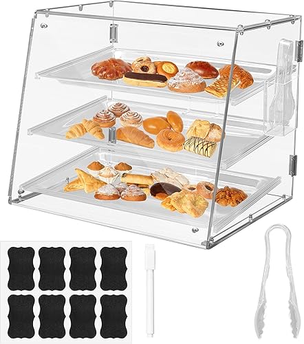 Miniatura 1 de Jinei Bandeja de acrílico de 3 niveles, vitrina de pastelería para panadería con puerta trasera delantera y trasera, vitrina transparente con pinzas